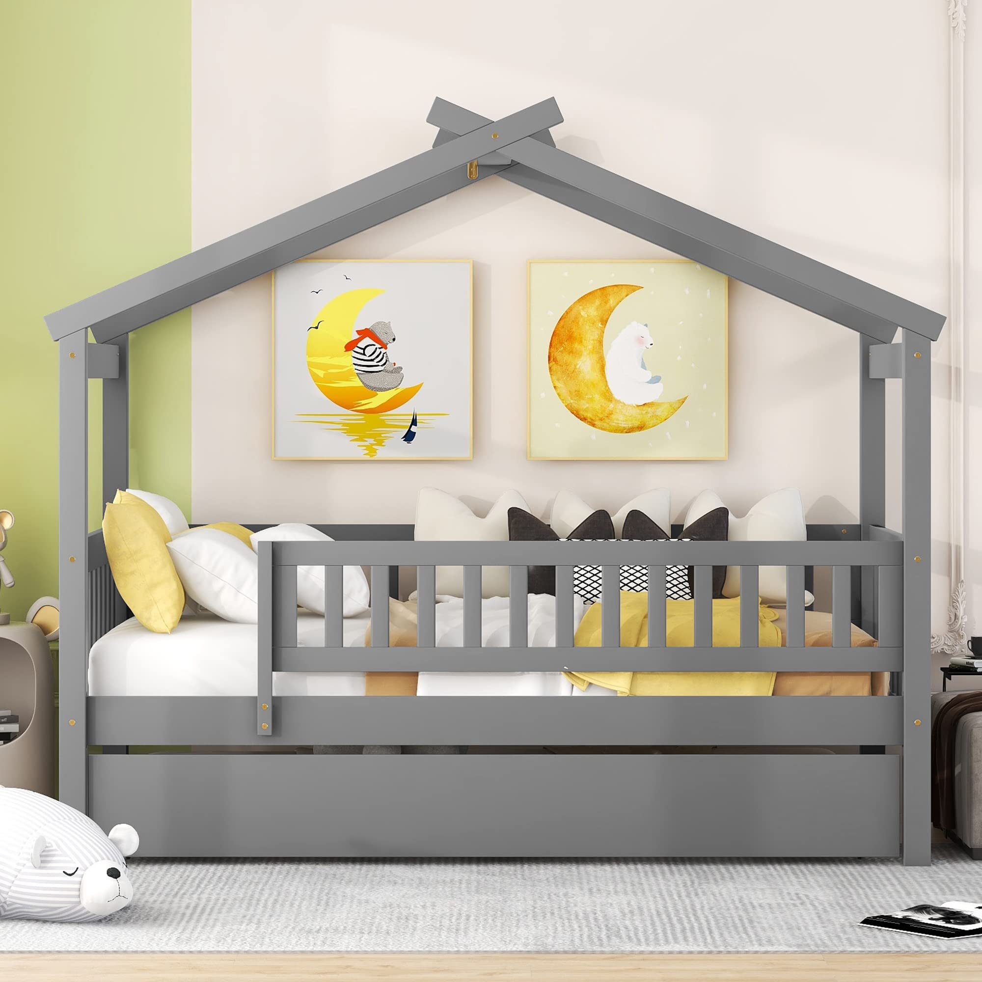 Twin House Bed with Trundle - Wooden Playhouse Bed Frame with Safety Rails & Roof Tent for Kids & Teens | Montessori Style Twin Size Platform Bed for Boys & Girls | No Box Spring Needed | Perfect for Bedroom, Playroom & Sleepovers (Gray)