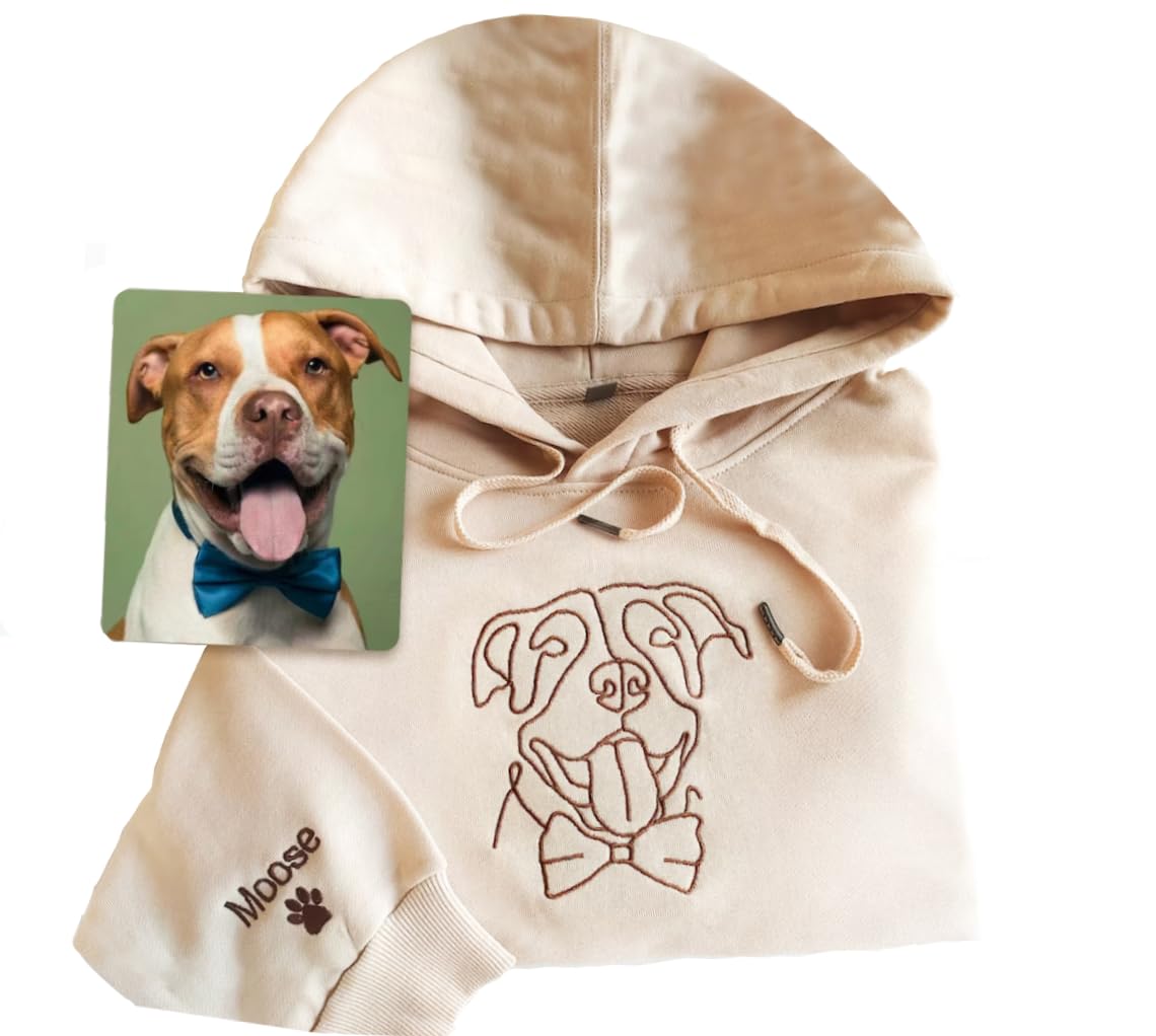 Custom Embroidered Dog Mom Sweatshirt & Hoodie - Personalized Pet Portrait Line Art - Women's Dog Lover Gift with Name on Sleeve - Cozy Casual Wear for Dog Owners, Walks & Pet Lover Events