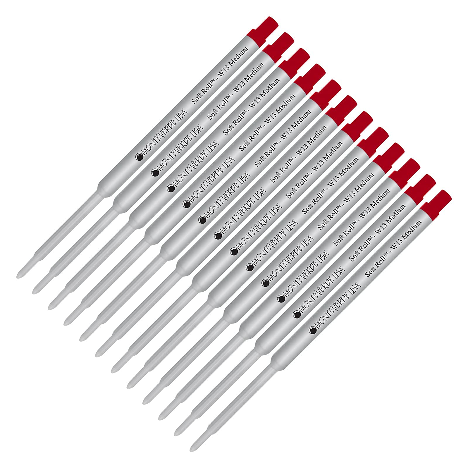 Monteverde Soft Roll Ballpoint W13 Ink Refill 12-Pack - Compatible with Waterman Style Pens - Red Medium Tip 0.7mm - Perfect for Office, School & Everyday Writing