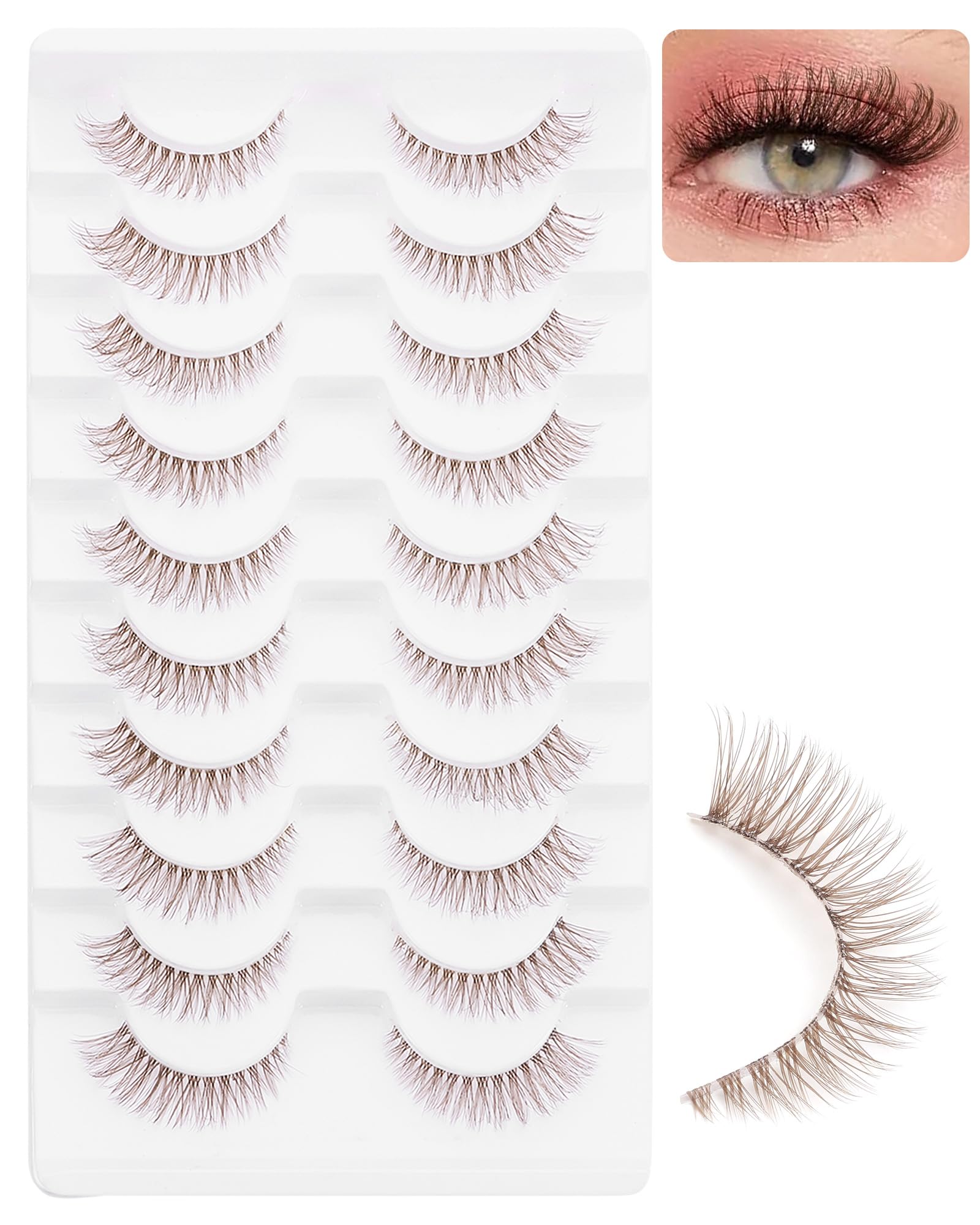 Outopen 10 Pairs Brown Lashes - Natural Look Cat Eye False Eyelashes with Wispy Clear Band, Short Length for Everyday Wear | Perfect for Work, Date Night & Special Occasions