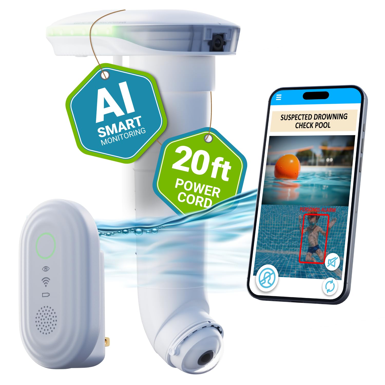 MYLO Smart AI Pool Alarm with Dual Cameras - Underwater Drowning Detection System for Inground & Above Ground Pools - Child Safety Swimming Pool Monitor (White) - Perfect for Backyard, Vacation Homes & Family Water Safety