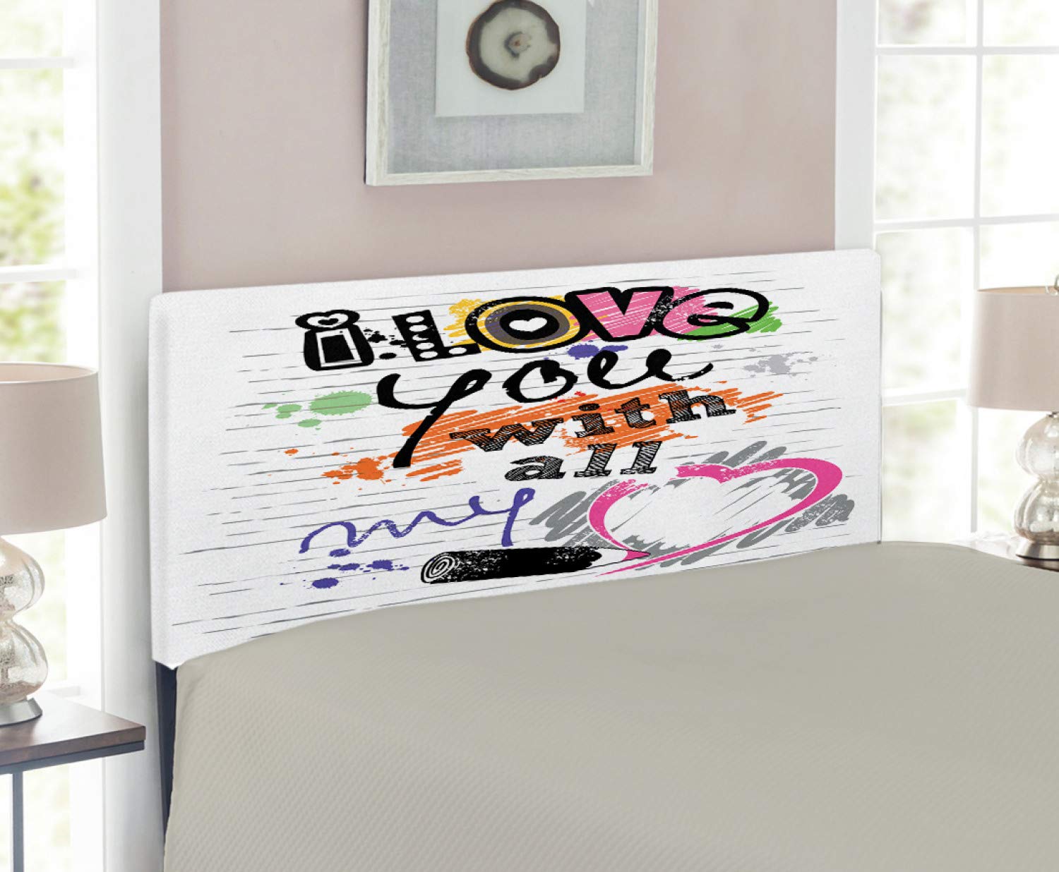 Ambesonne 'I Love You' Upholstered Metal Headboard with Memory Foam - Twin Size Multicolor Grunge Sketch Design for Couples Bedroom Decor | Perfect for Romantic Master Bedrooms & Cozy Guest Rooms