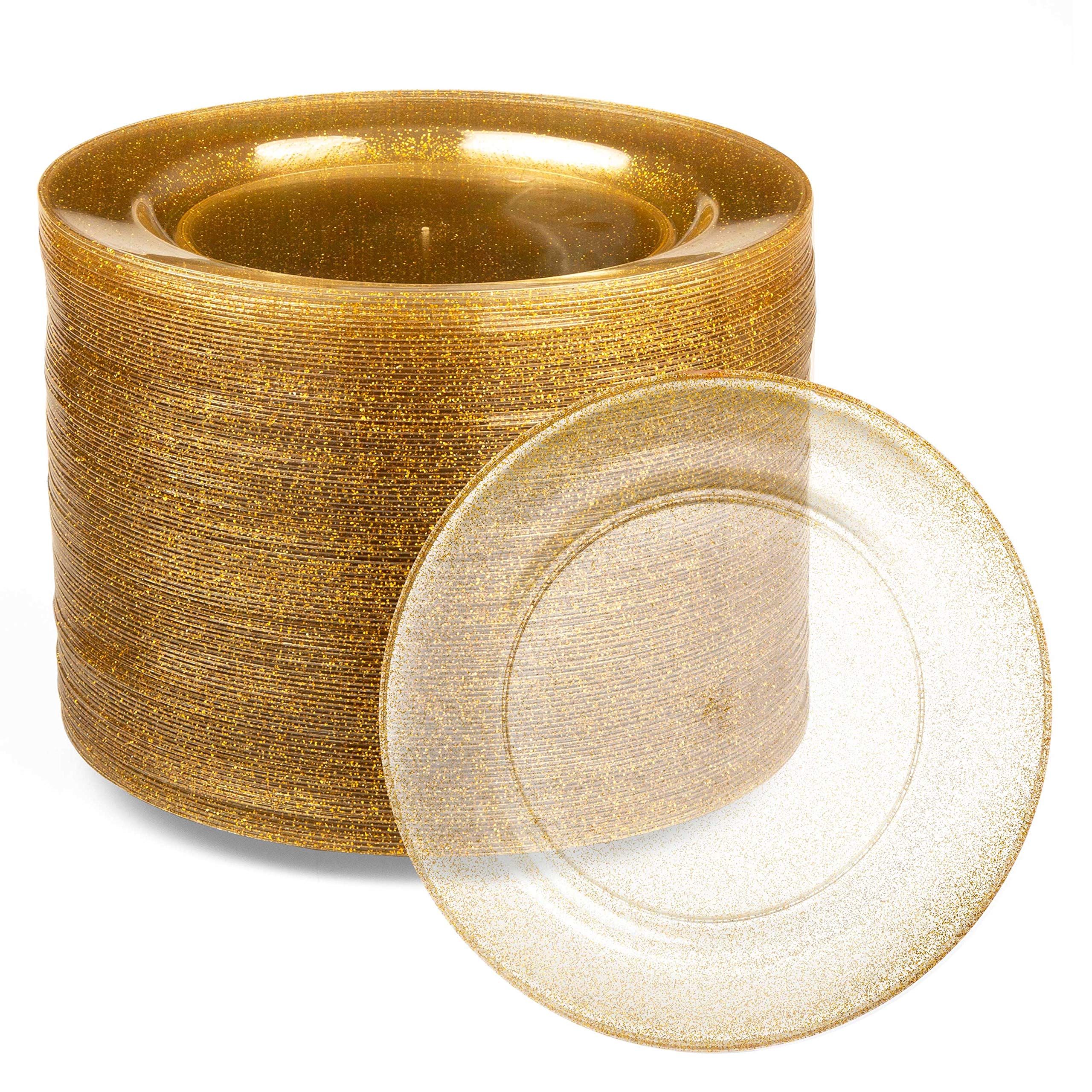 100 Gold Glitter Plastic Plates - 6 Inch Premium Disposable Dinner Plates for Party, Wedding, Birthday & Holiday Celebrations - Elegant & Shimmering Tableware for Special Occasions