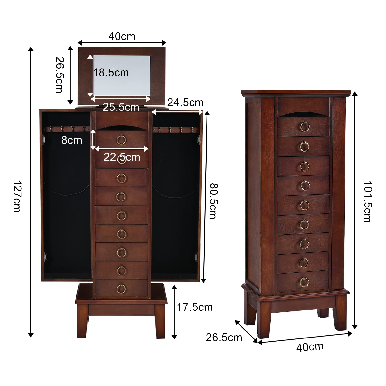Wooden Jewelry Armoire Cabinet with Flip Top Mirror - 9 Drawers & 2 Side Doors for Necklaces, Bracelets, Earrings - Large Capacity Standing Jewelry Storage Organizer for Bedroom, Closet, or Dressing Room