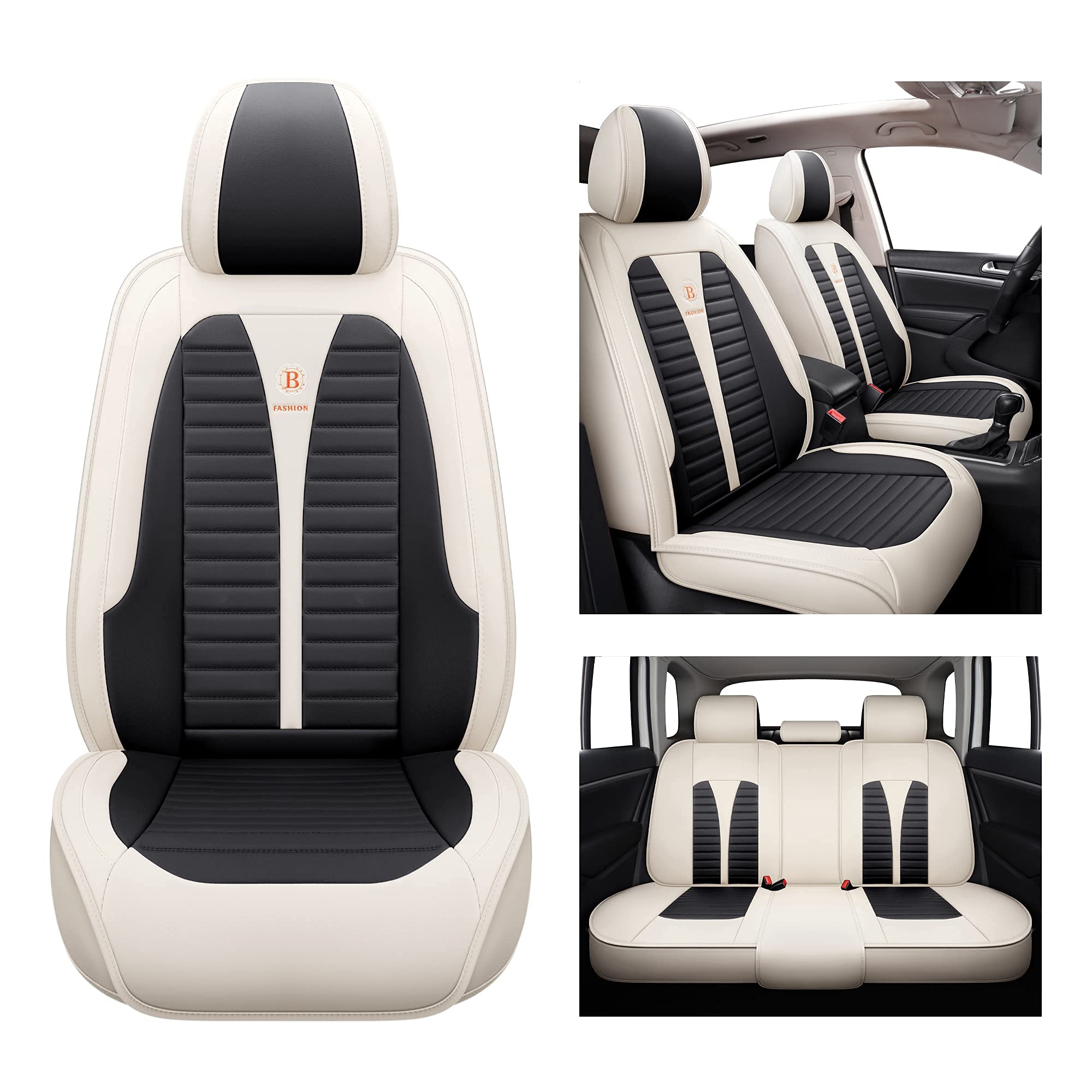 Premium Full Coverage Faux Leather Car Seat Covers - Complete 5-Piece Set for Cars, SUVs & Trucks (Black/Cream) | Waterproof & Comfortable Auto Seat Protectors for Daily Commute, Road Trips & Family Travel