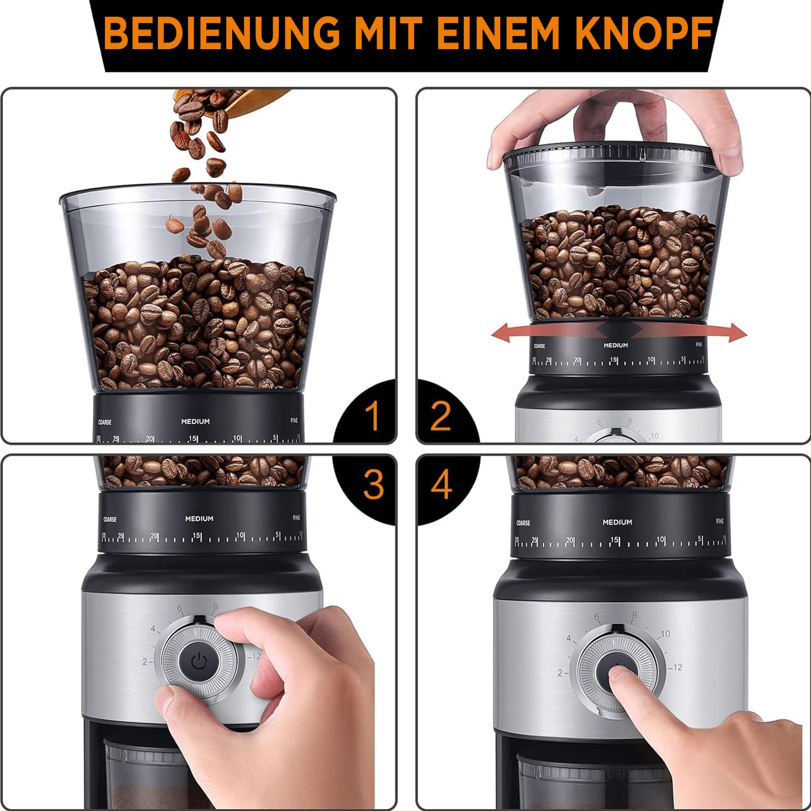 Premium Electric Burr Coffee Grinder - Conical Bean Grinder with 30 Adjustable Settings for 2-12 Cups (Silver & Black) - Perfect for Espresso, French Press & Drip Coffee Makers at Home or Office