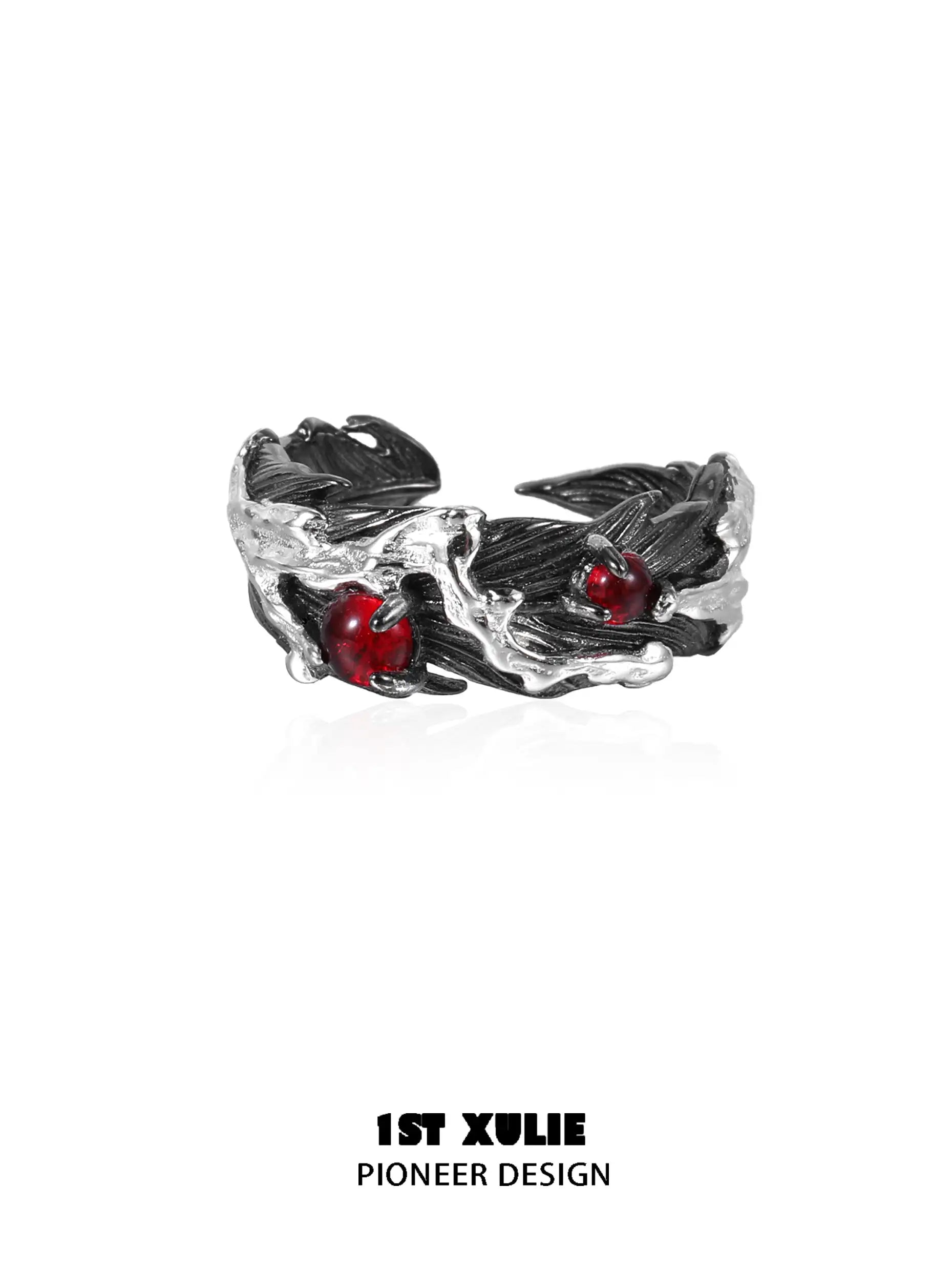 Lucifer Red Crystal 925 Sterling Silver 18K Black Gold Feather Ring™ for Women - Elegant Gothic Jewelry for Parties, Weddings & Special Occasions