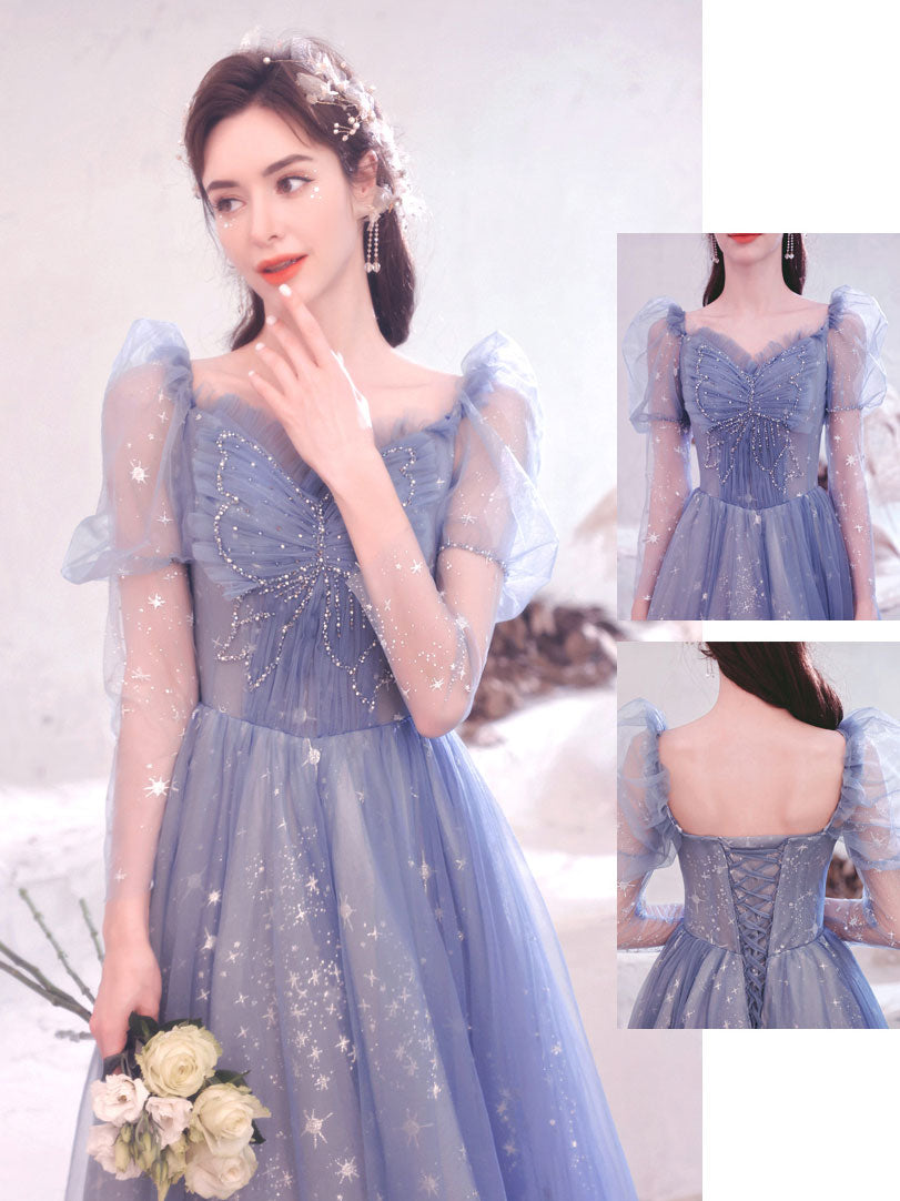 Elegant Blue Tulle Lace Long Prom Dress for Women - Formal Graduation Gown with Flowy Skirt - Perfect for Prom Night, Homecoming, and Special Occasions