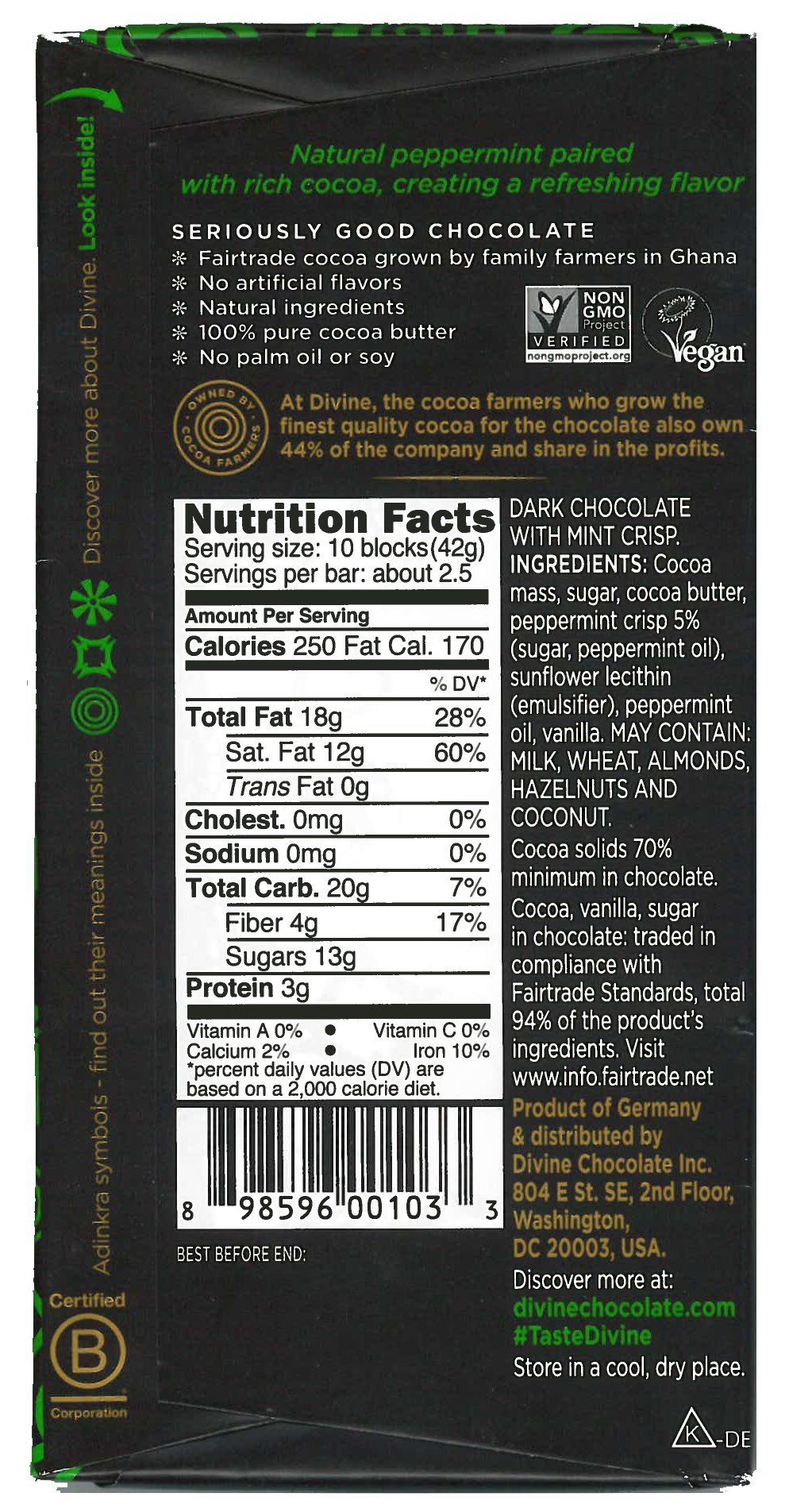Divine Mint Dark Chocolate Bar - 3.5oz (10 Pack) | Premium Organic Cocoa, Vegan & Gluten-Free | Perfect for Gifts, Baking & Healthy Snacking