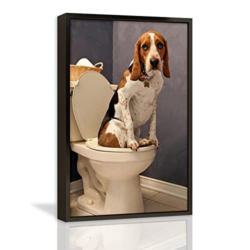 Funny Dog on Toilet Canvas Wall Art - 24x36 Inch Black Framed Large Abstract Animal Painting for Home, Bedroom & Office Decor - Ready to Hang Aluminum Frame - Perfect for Living Room, Bathroom & Gift Giving