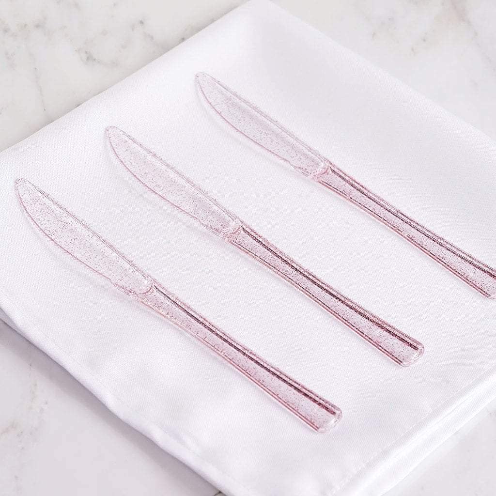 25-Pack 7-Inch Clear Blush Glitter Disposable Plastic Party Knives - Perfect for Birthday, Wedding, Baby Shower & Celebration Events