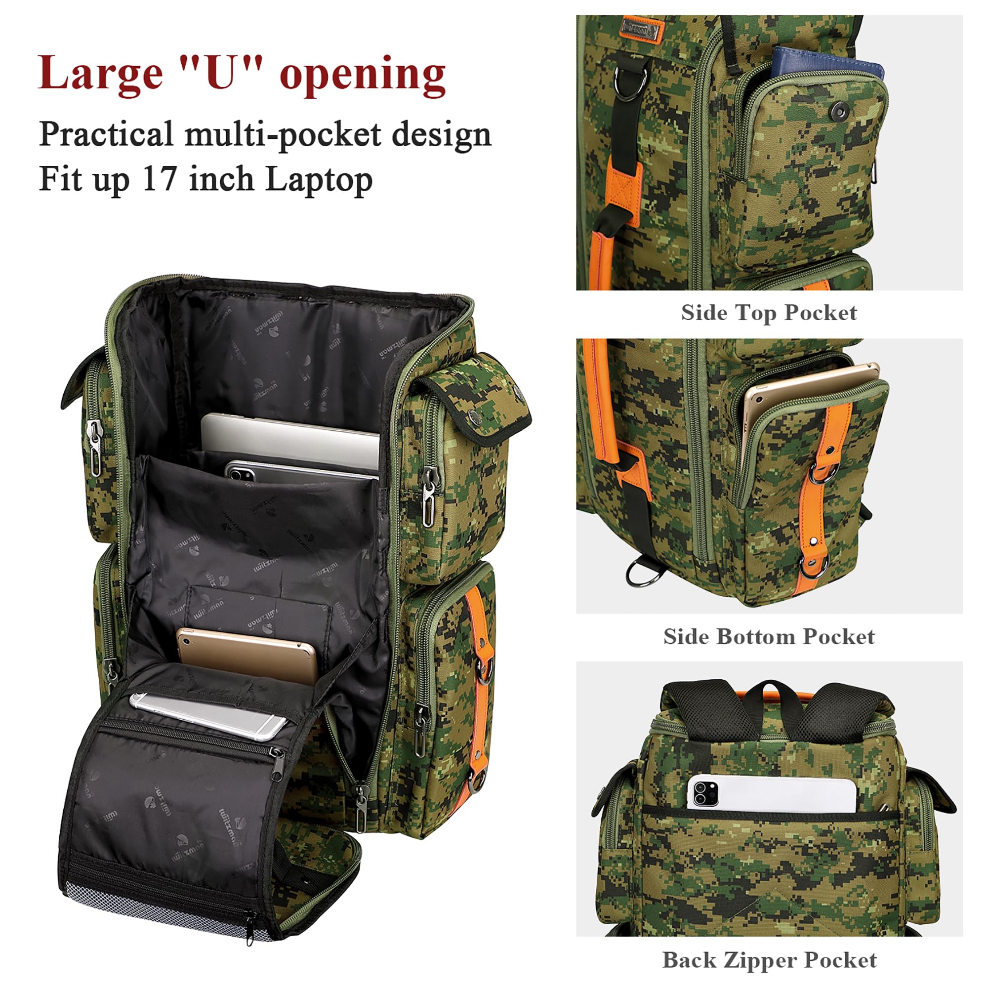 WITZMAN Digital Camo Backpack for Men - Large Capacity 17 Inch Laptop Backpack & Carry On Duffel Bag (6695 Camo Green) | Perfect for Travel, Work, School & Outdoor Adventures