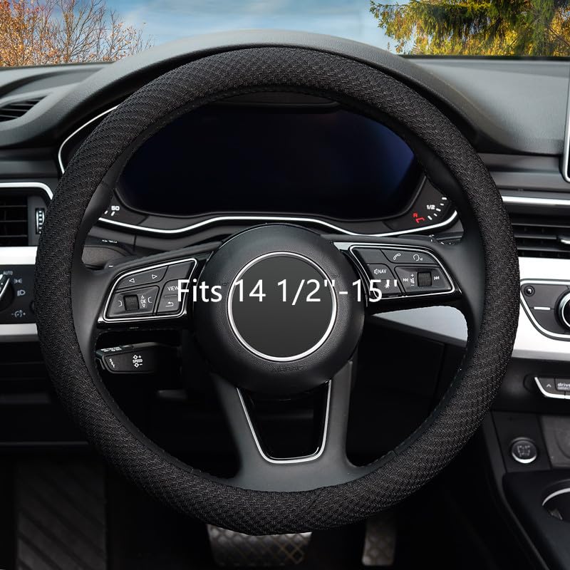 KAFEEK Universal 15 Inch Steering Wheel Cover - Premium Microfiber Viscose, Anti-Slip Grip, Odorless & Breathable - Perfect for Cars, Trucks & SUVs - Black