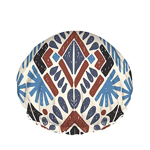 Vintage Boho Ikat Tribal Reusable Shower Cap for Women - Large Waterproof Bath Hair Cover with Ethnic Geometric Aztec Seamless Pattern | Perfect for Long Hair Protection During Showers, Spa, and Hair Treatments
