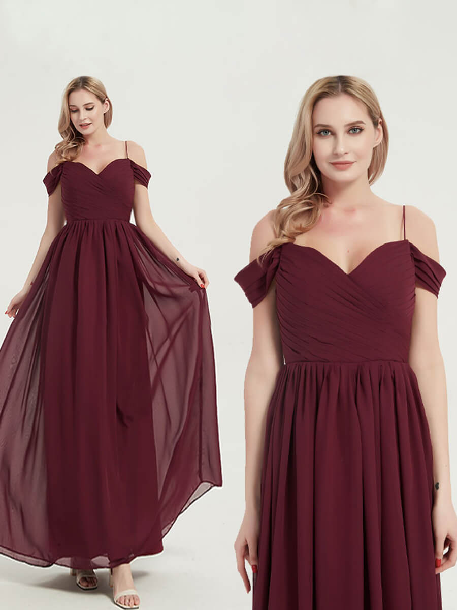 Elegant Burgundy Cold Shoulder Spaghetti Strap Pleated Chiffon Bridesmaid Dress for Weddings, Parties & Formal Events - Plus Size Options Available