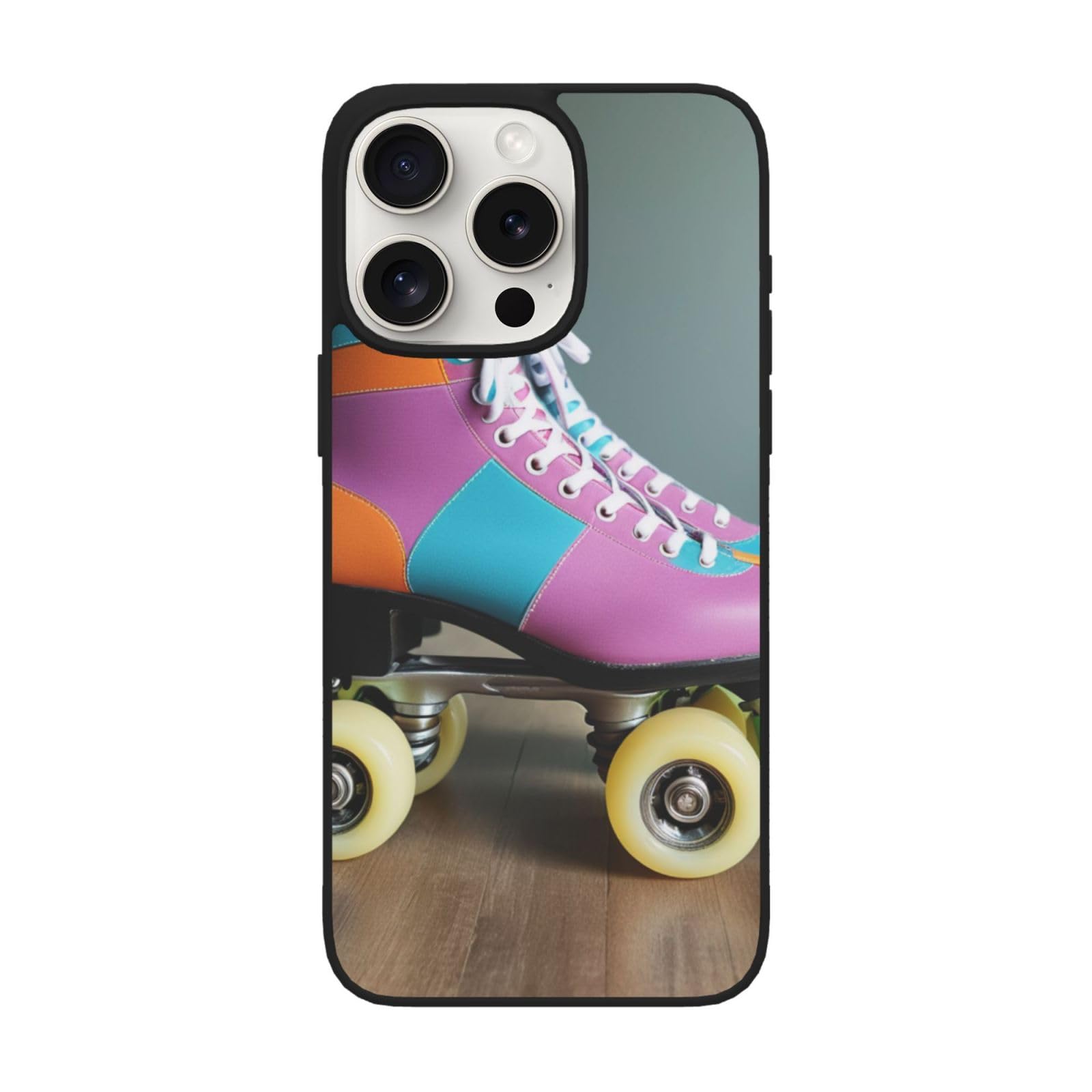 Retro Roller Skates Colorful Printed iPhone 15 Pro Max Case - Soft Glass Upgrade with Camera Protection (6.7/6.1 Inch) | Durable Protective Phone Cover for Everyday Use, Travel & Outdoor Activities