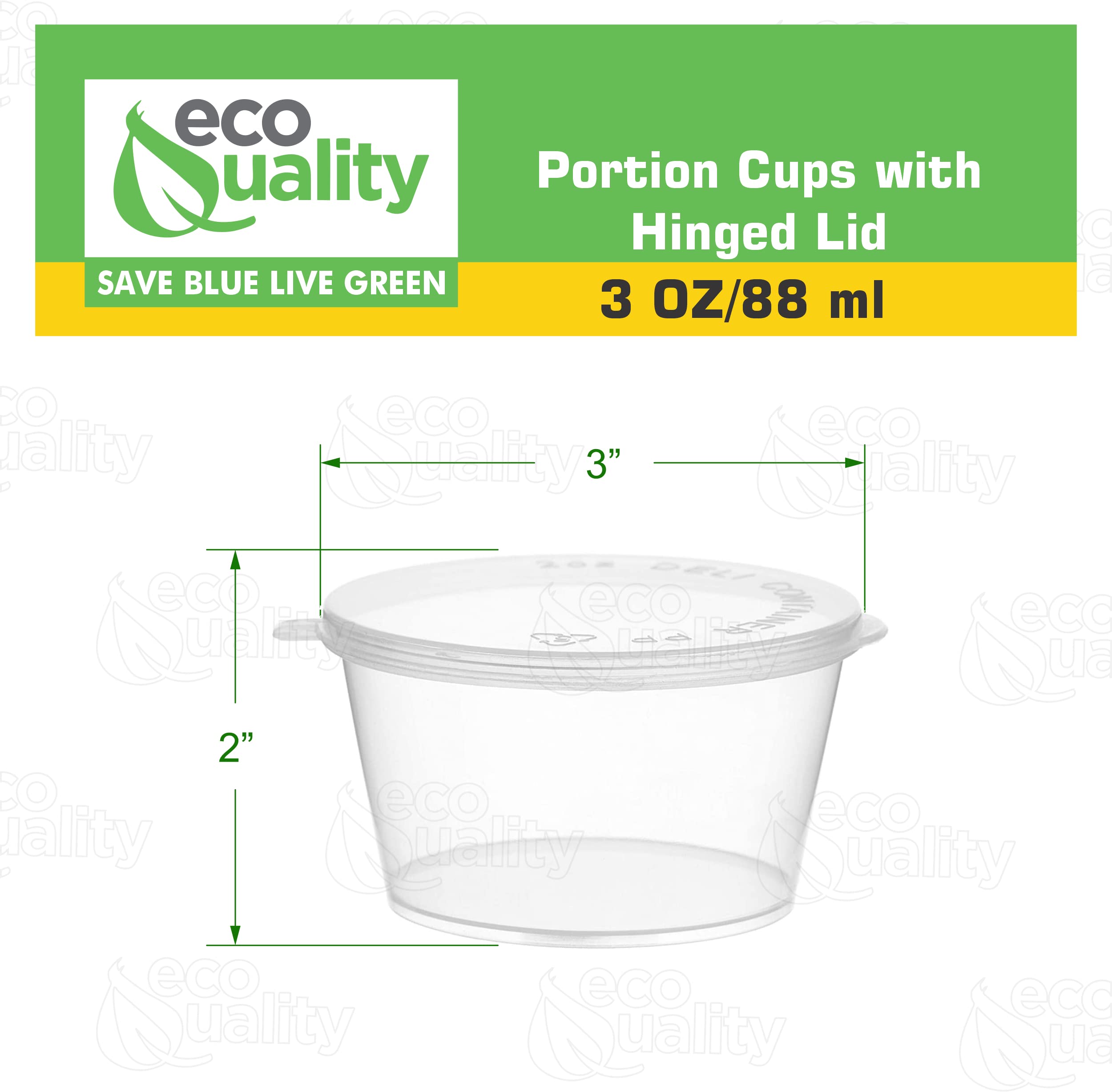 EcoQuality [2000 Pack] 3 Oz Leak Proof Plastic Condiment Cups with Hinged Lids - Perfect for Sauces, Jello Shots, Food Storage, Party Favors & Restaurant Use - Durable Portion Containers for Takeout, Catering & Home Kitchen Organization