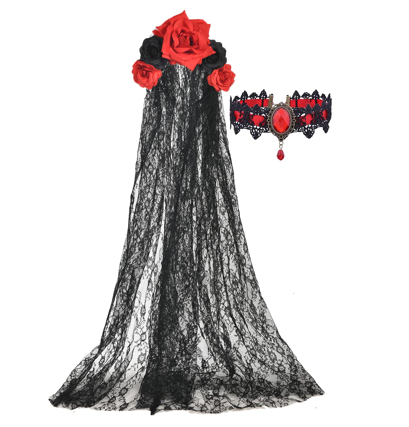 Merroyal Women's Day of the Dead Headband - Black & Red Rose Flower with Black Veil - Dia de los Muertos Costume Accessory for Halloween, Mexican Festival & Cosplay