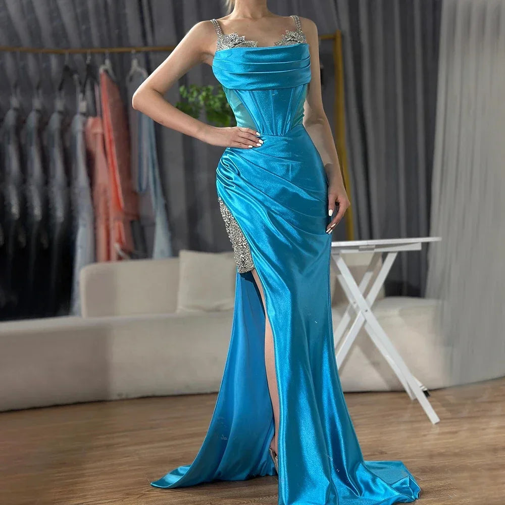Elegant Dubai Saudi Arabic Wine Red Satin Evening Dress with Spaghetti Straps & High Slit - Formal Gown for Prom, Wedding & Special Occasions - LA72776