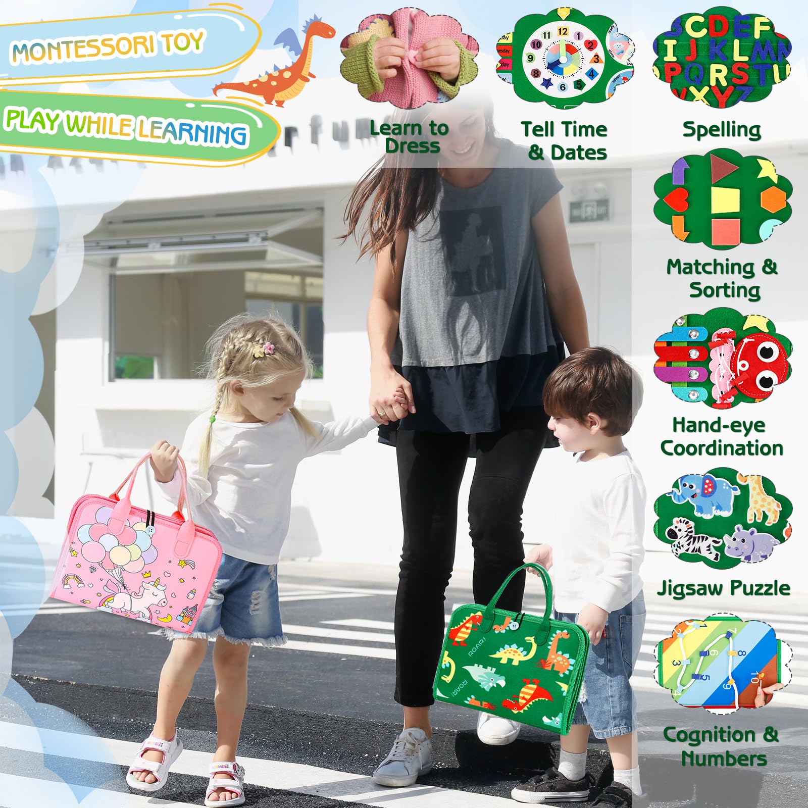 Esjay Montessori Busy Board for Toddlers - Sensory Learning Toys for Fine Motor Skills Development - Educational Travel Toys for Airplane & Car - Perfect Gift for Boys & Girls (Green Dinosaur) - Ideal for Preschool Learning, Quiet Play & Long Trips
