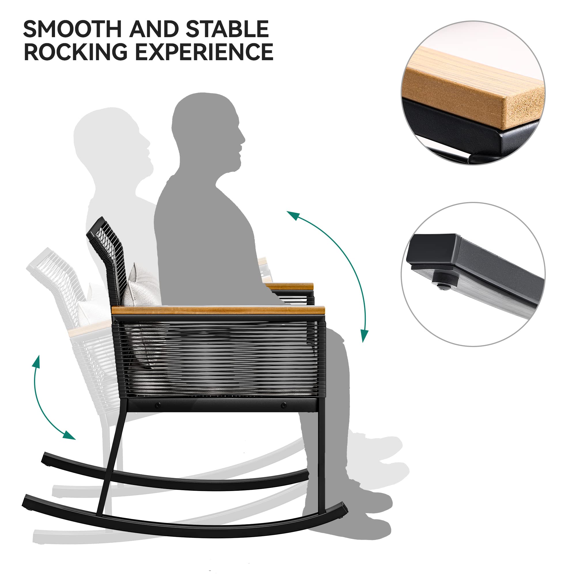 YITAHOME 3-Piece Outdoor Wicker Rocking Chair Set with Wood Armrest & Cushions - Patio Conversation Bistro Furniture for Balcony, Lawn, Porch & Poolside (Black) - Perfect for Relaxing, Entertaining & Enjoying Summer Evenings
