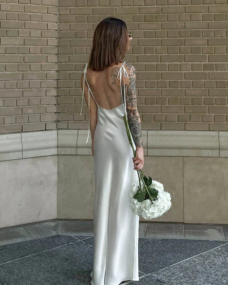 Elegant Backless Cami Maxi Silk Dress for Women - Summer Beach Wedding Party & Evening Occasions