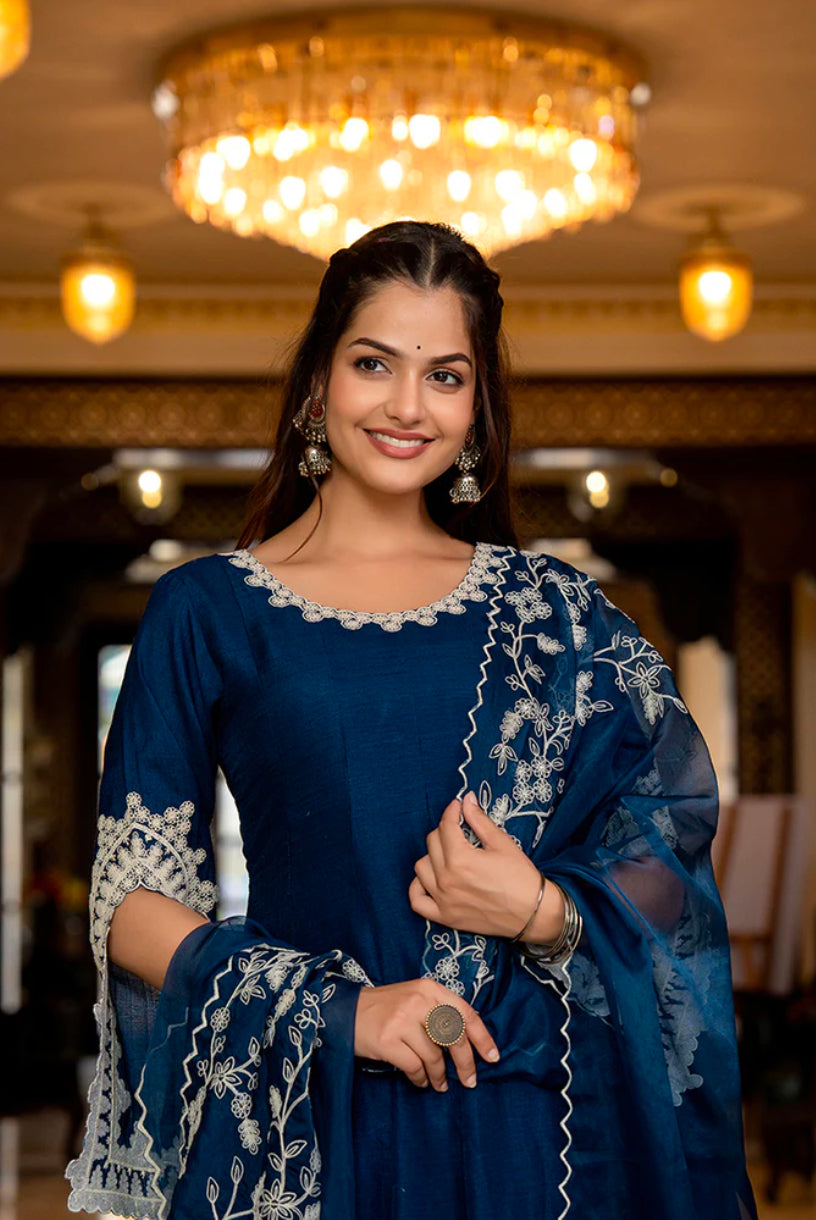 Blue Silk Blend Anarkali Kurta Set for Women | Elegant Indian Ethnic Dress | Perfect for Weddings, Festivals & Special Occasions