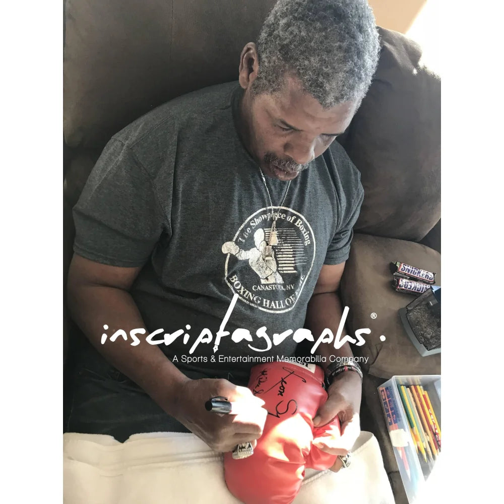 Leon vs. Michael Spinks Dual Signed Boxing Glove with COA - Authentic Muhammad Ali & Mike Tyson Memorabilia - Perfect for Boxing Fans, Collectors, and Sports Memorabilia Displays