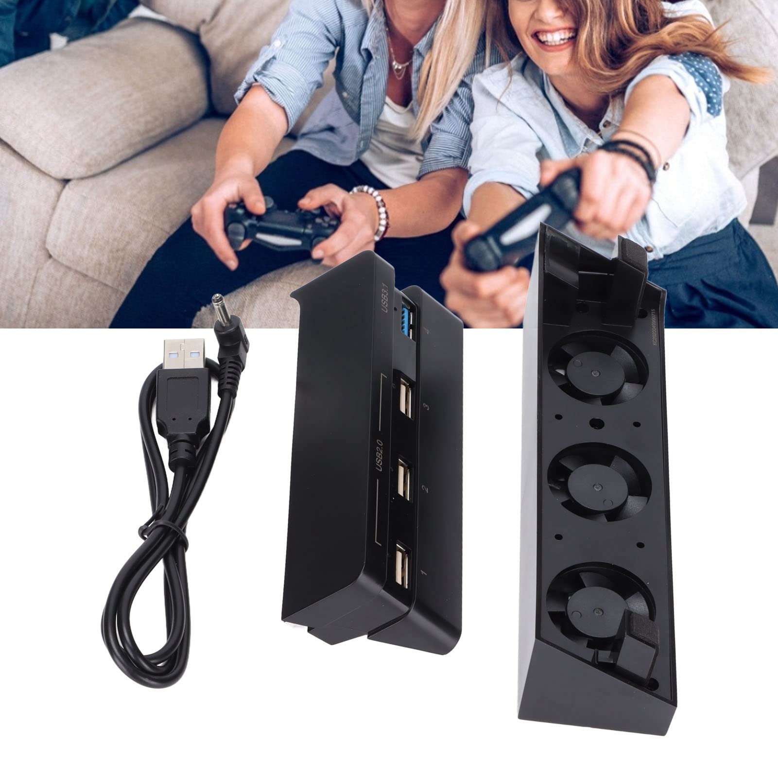 4-Port USB 3.0 Hub with Cooling Fan for PS4 Slim - Automatic Temperature Control & Multi-Device Charging Station - Perfect for Gaming Sessions & Home Entertainment Setup