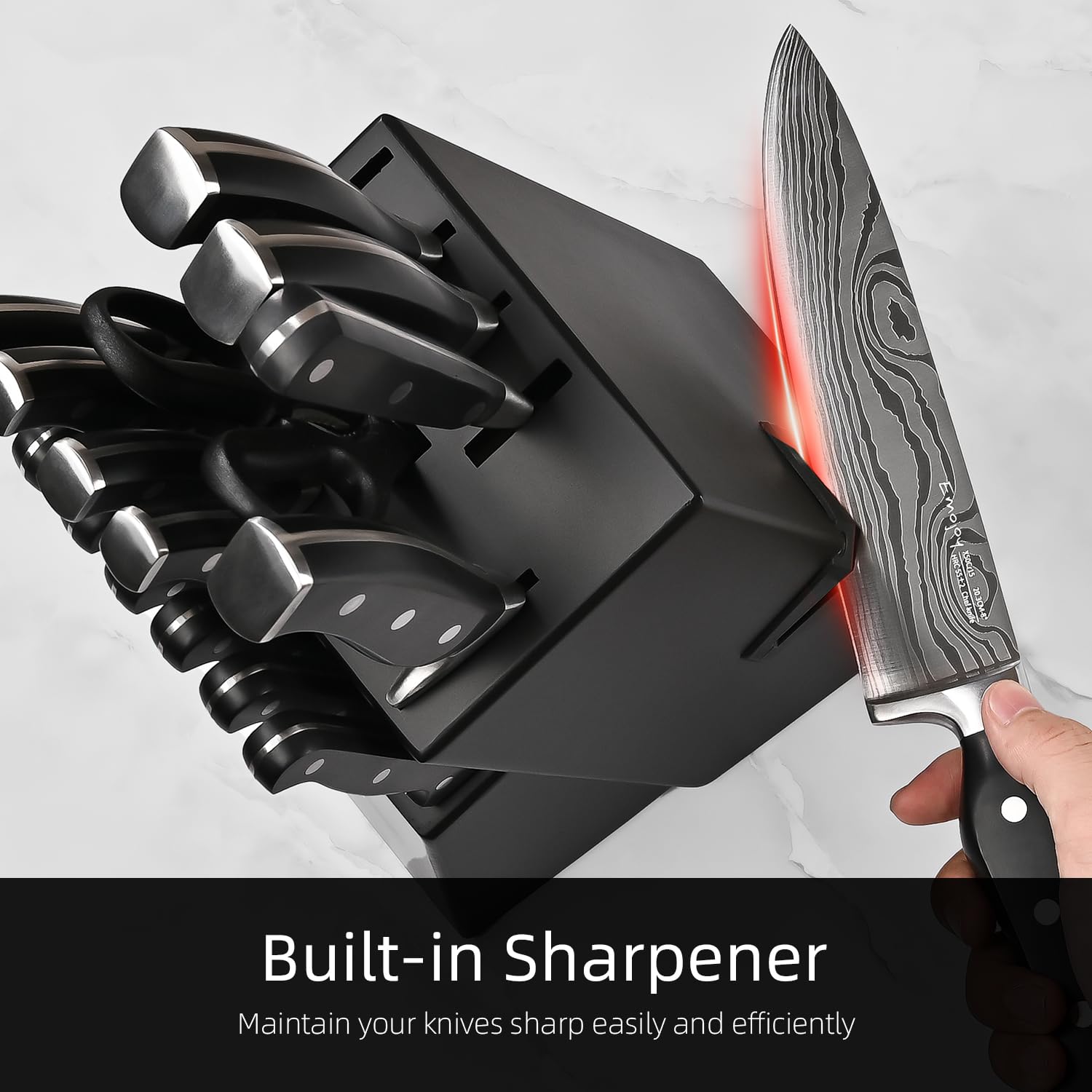 Emojoy 18-Piece Stainless Steel Knife Set with Block - Kitchen Knives with Built-in Sharpener, Shears & Carving Fork - Black | Perfect for Home Chefs, Cooking Enthusiasts & Professional Kitchens