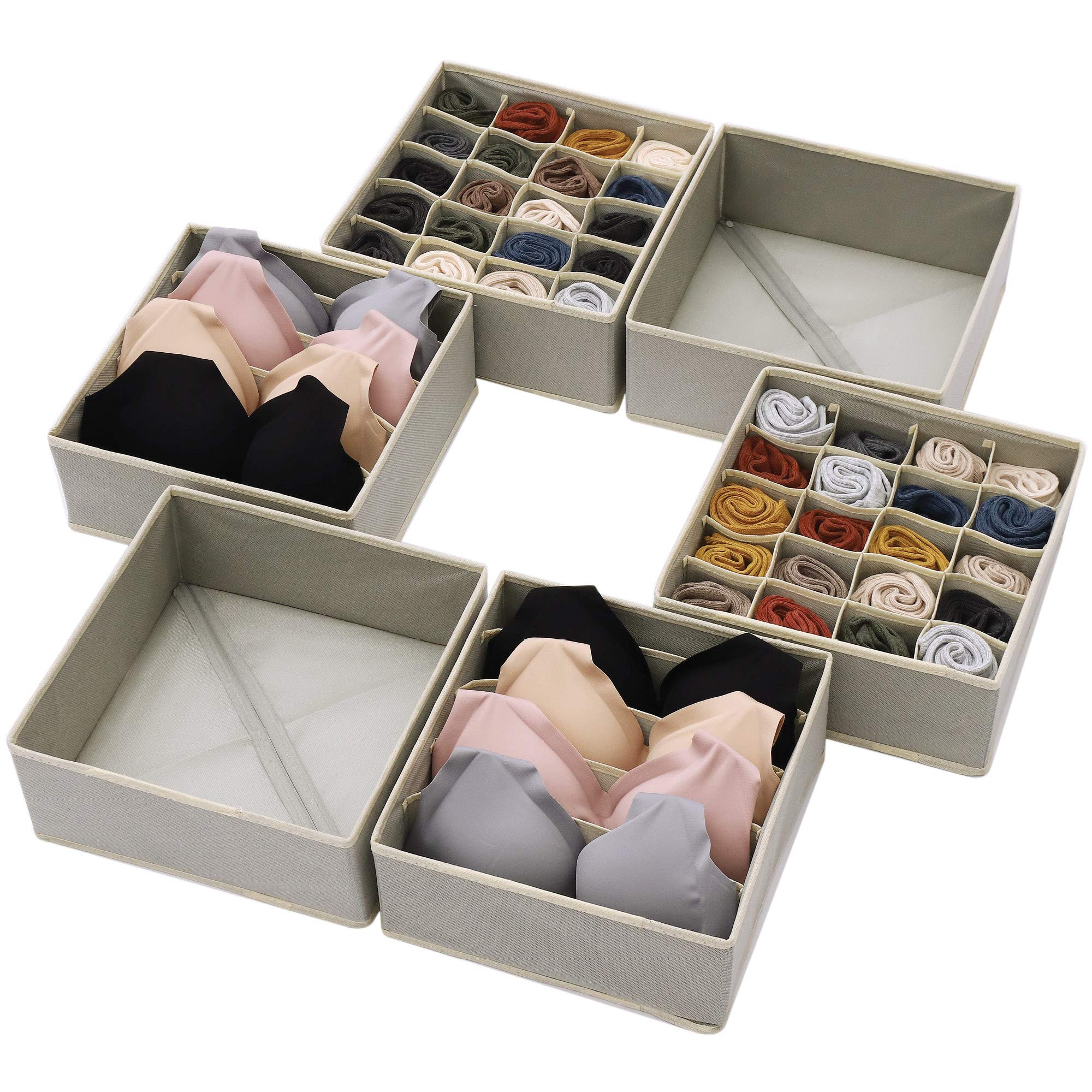 DIOMMELL 6-Pack Foldable Fabric Storage Bins - Closet Organizer for Clothes, Underwear, Bras, Socks & Lingerie - Grey Drawer Dividers & Dresser Baskets (22-2000) | Space-Saving Home & Bedroom Organization Solution