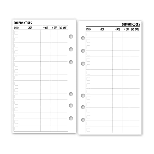 Personal Size Shop Coupon Codes Planner Refill - 3.74 x 6.73 Inches (95mm x 171mm) - 6-Ring Hole Punched for Filofax, LV MM, Kikki K, Moterm Binders - 30 Sheets/Pack - Perfect for Coupon Organization & Shopping Savings