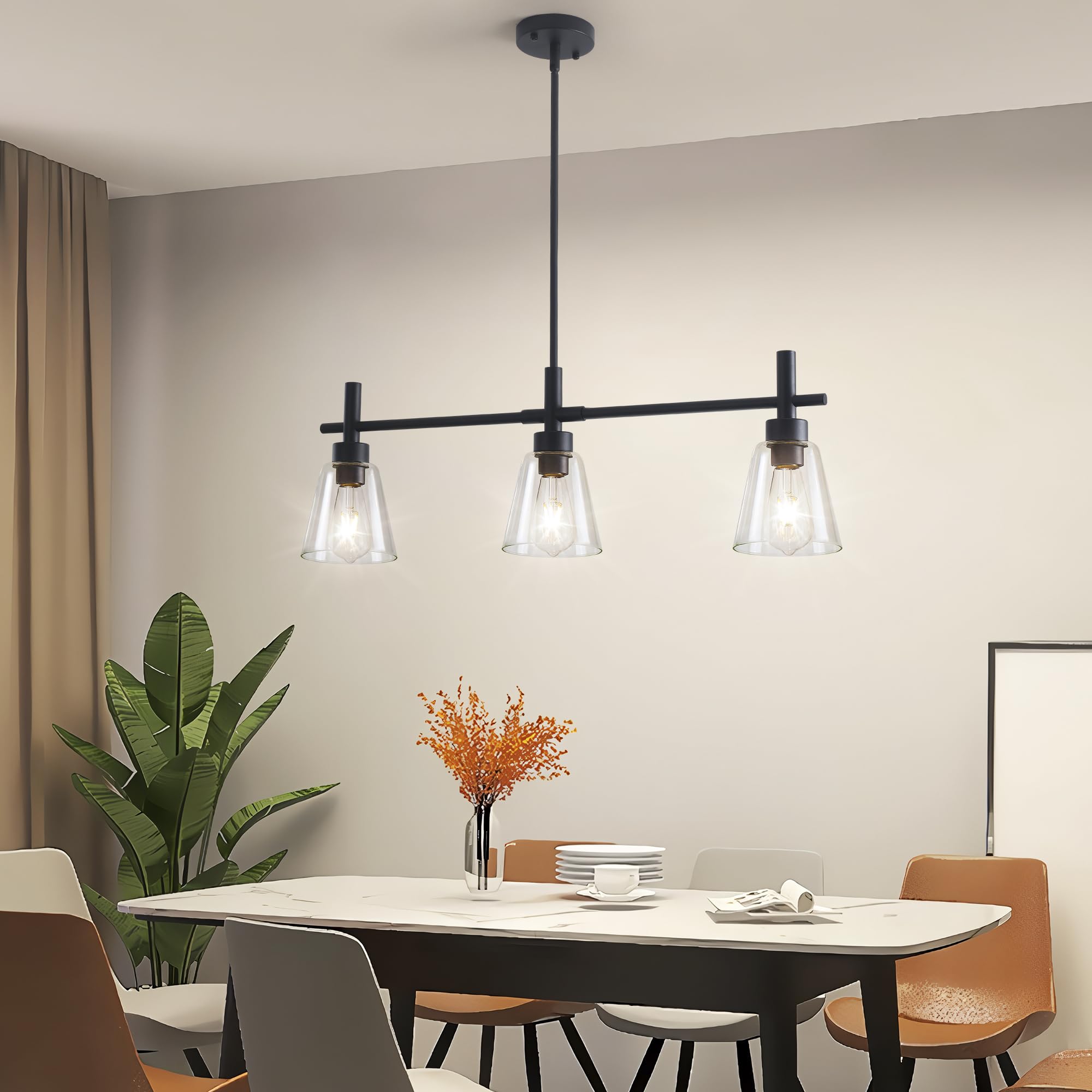 Modern Black Kitchen Island Lighting - 3-Light Adjustable Rectangle Linear Chandelier with Glass Shades, Farmhouse Pendant Light Fixture for Dining Room & Living Room - Perfect for Kitchen Counter, Breakfast Bar and Open Concept Spaces