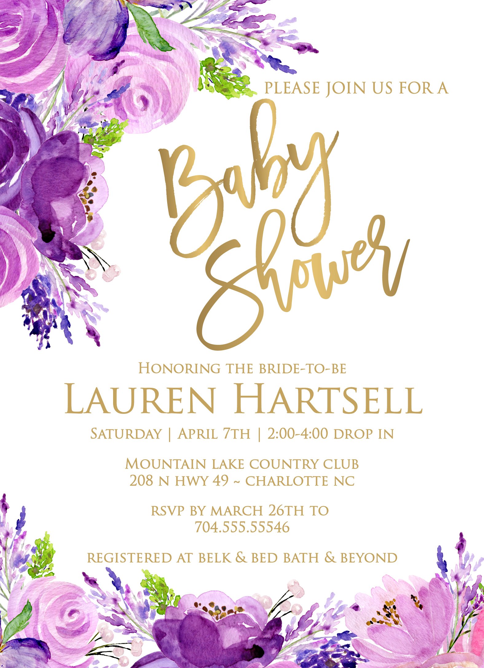 Lavender Roses Bridal Shower Invitation Cards - Elegant Purple Floral Design for Baby Showers, Its a Girl Parties & Wedding Events - 5x7 Premium Quality Stationery - Perfect for DIY Invites & Special Occasions