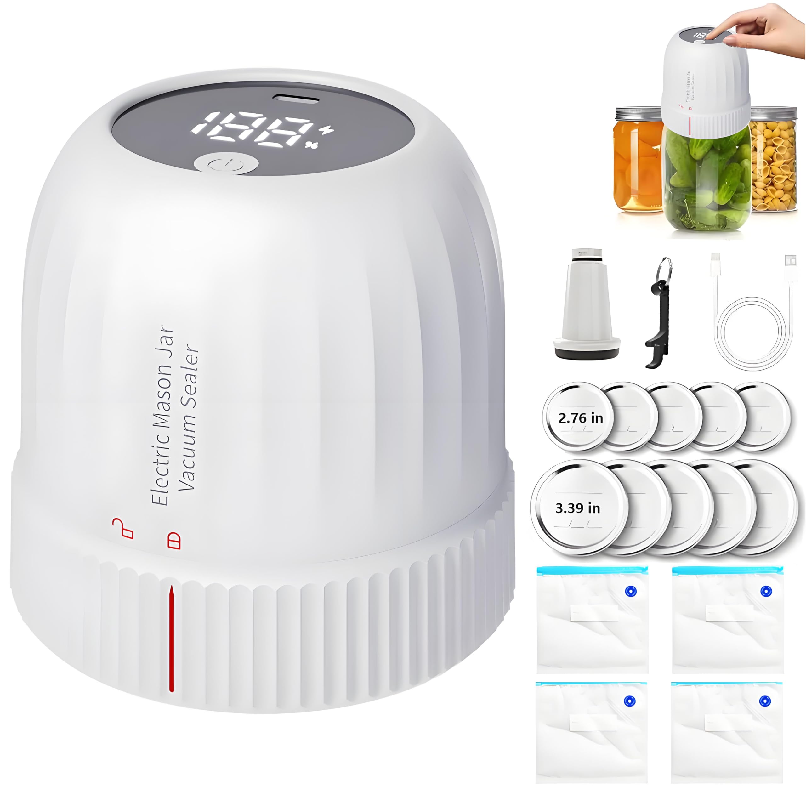 Upgraded 3-in-1 Electric Mason Jar Vacuum Sealer Kit - Wide Mouth & Regular Jar Sealer with Super Suction for Food Preservation | Perfect for Canning, Meal Prep & Long-Term Food Storage (White)