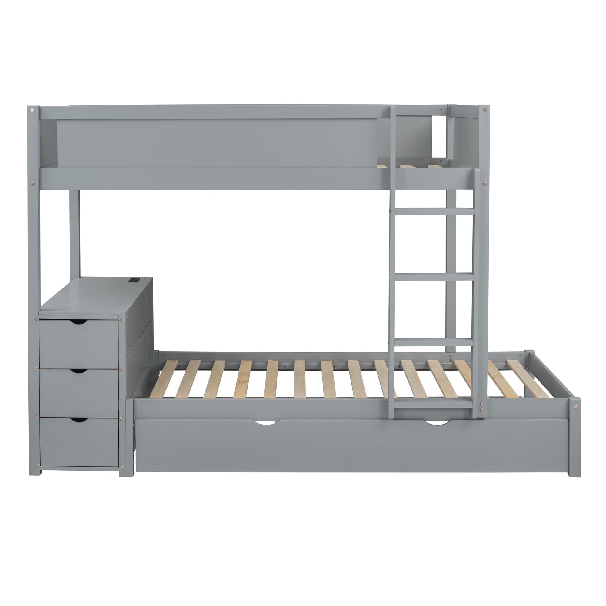 Harper & Bright Designs Twin Over Twin Bunk Bed with Trundle, Desk & Storage Drawers - Solid Wood Bunk Bed Frame for Kids, Teens & Adults - Space Saving Gray Bedroom Furniture for Small Rooms, Guest Rooms & Vacation Homes