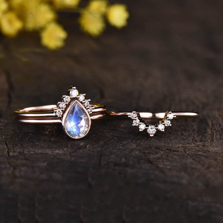 14K/18K Gold Pear Shaped Vintage Rainbow Moonstone Engagement Ring Set for Women - Elegant Wedding, Proposal, Anniversary Gift Jewelry