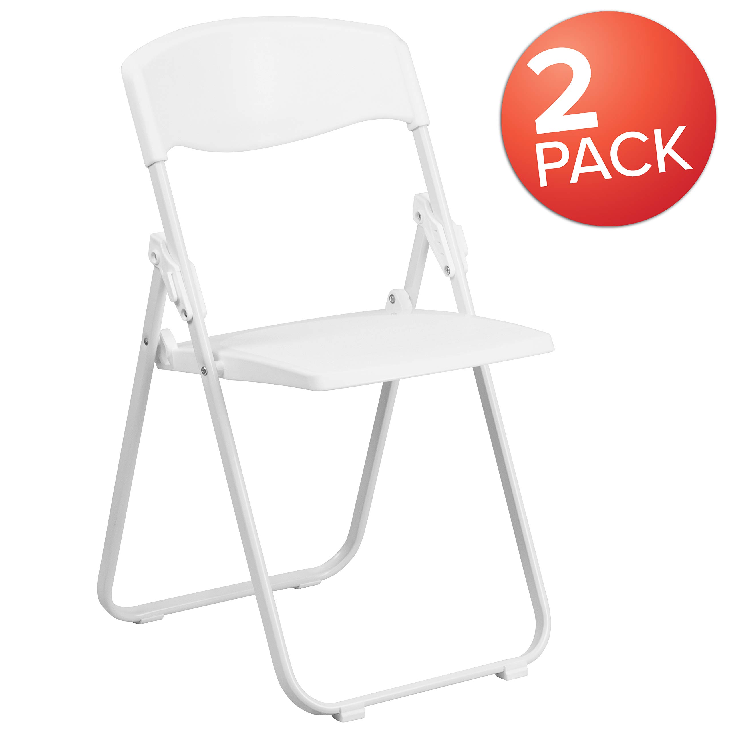 EMMA + OLIVER 2 Pack White Plastic Folding Chairs with Built-in Ganging Brackets - Lightweight Stackable Chairs for Outdoor Events, Parties, and Temporary Seating