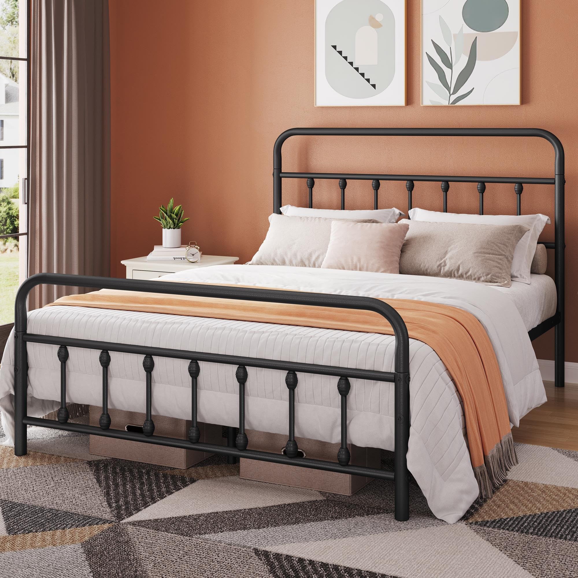 Topeakmart Queen Size Victorian Style Metal Bed Frame with Headboard - No Box Spring Needed, Sturdy Slat Support & Under Bed Storage - Elegant Black Bedroom Furniture for Master Bedroom, Guest Room or Apartment