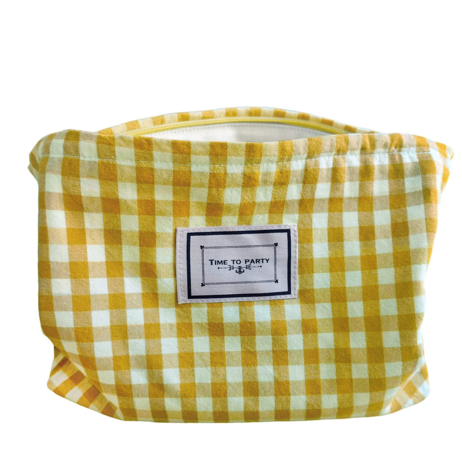 HappyHeidi Women's Checkered Canvas Makeup Bag - Cute Yellow Plaid Cosmetic Pouch for Travel & Daily Use | Perfect Makeup Organizer for Purse, Gym & Toiletry Storage