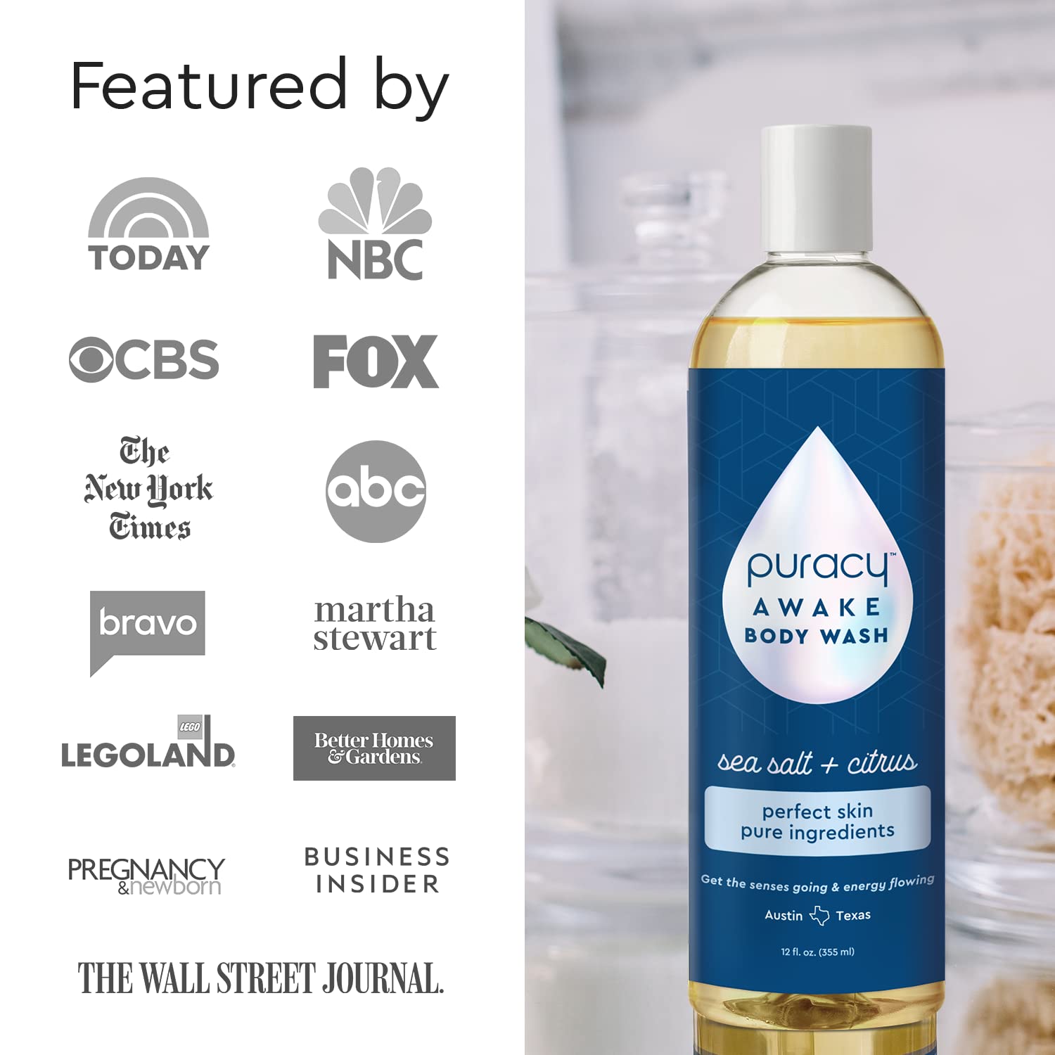 Puracy Natural Body Wash - 98.6% Pure Plant-Based Shower Gel for Women, Men & Kids | Moisturizing Body Soap for Dry & Sensitive Skin | Citrus & Sea Salt Scent | 12 Oz (2-Pack) | Perfect for Daily Hydration & Gentle Skin Care Routine