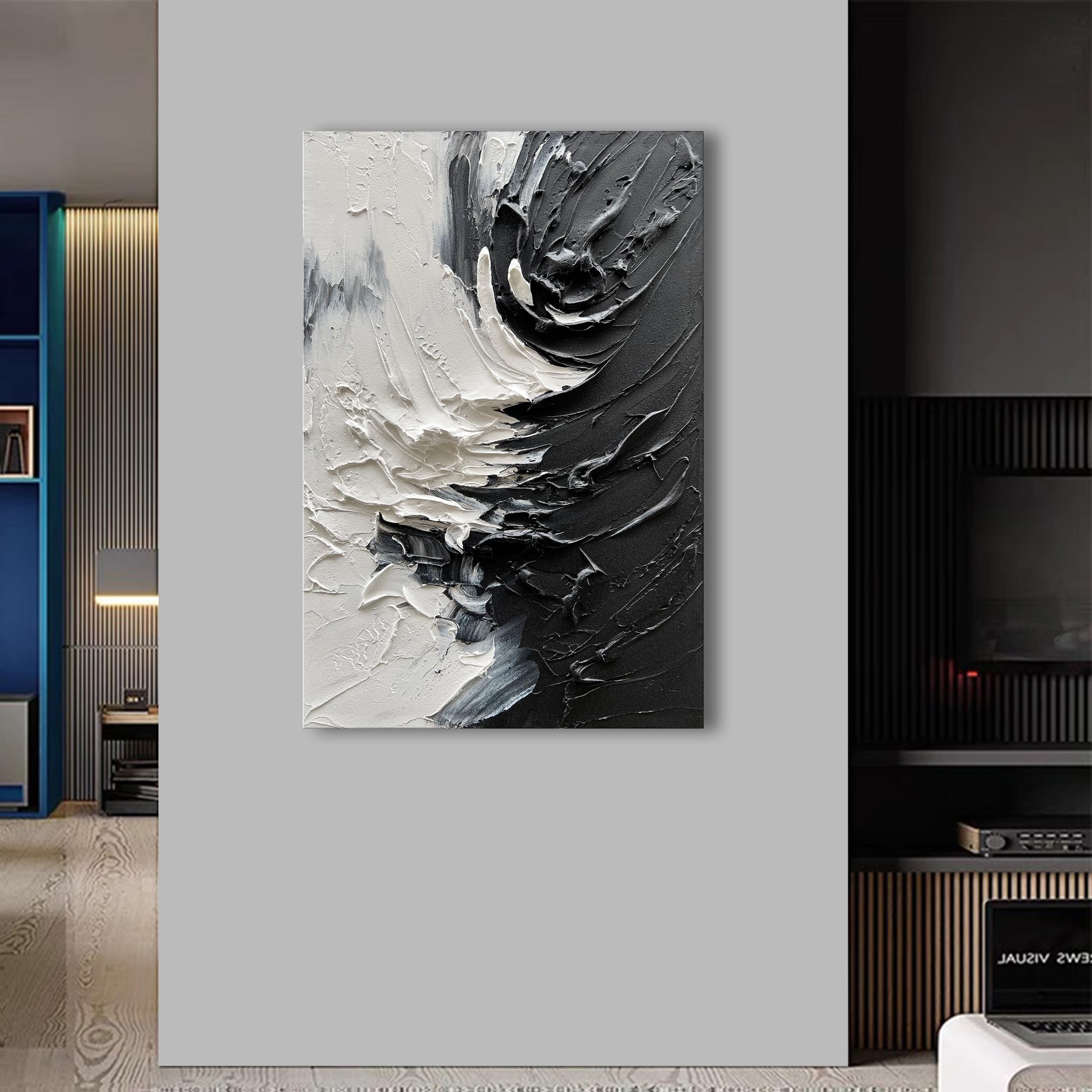 Hand-Painted Black and White Minimalist Oil Painting - 36x24 Inches Thick Texture Canvas Wall Art for Living Room, Bedroom & Office Decor | NANKAI Art