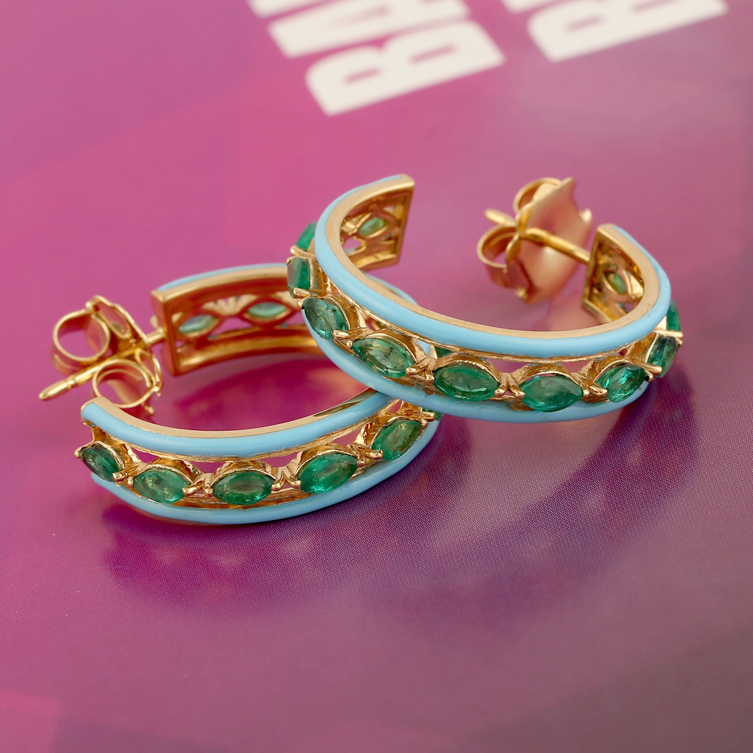 18K Yellow Gold Marquise Cut Emerald Gemstone Enamel Hoop Earrings - Elegant Jewelry for Weddings, Parties & Special Occasions