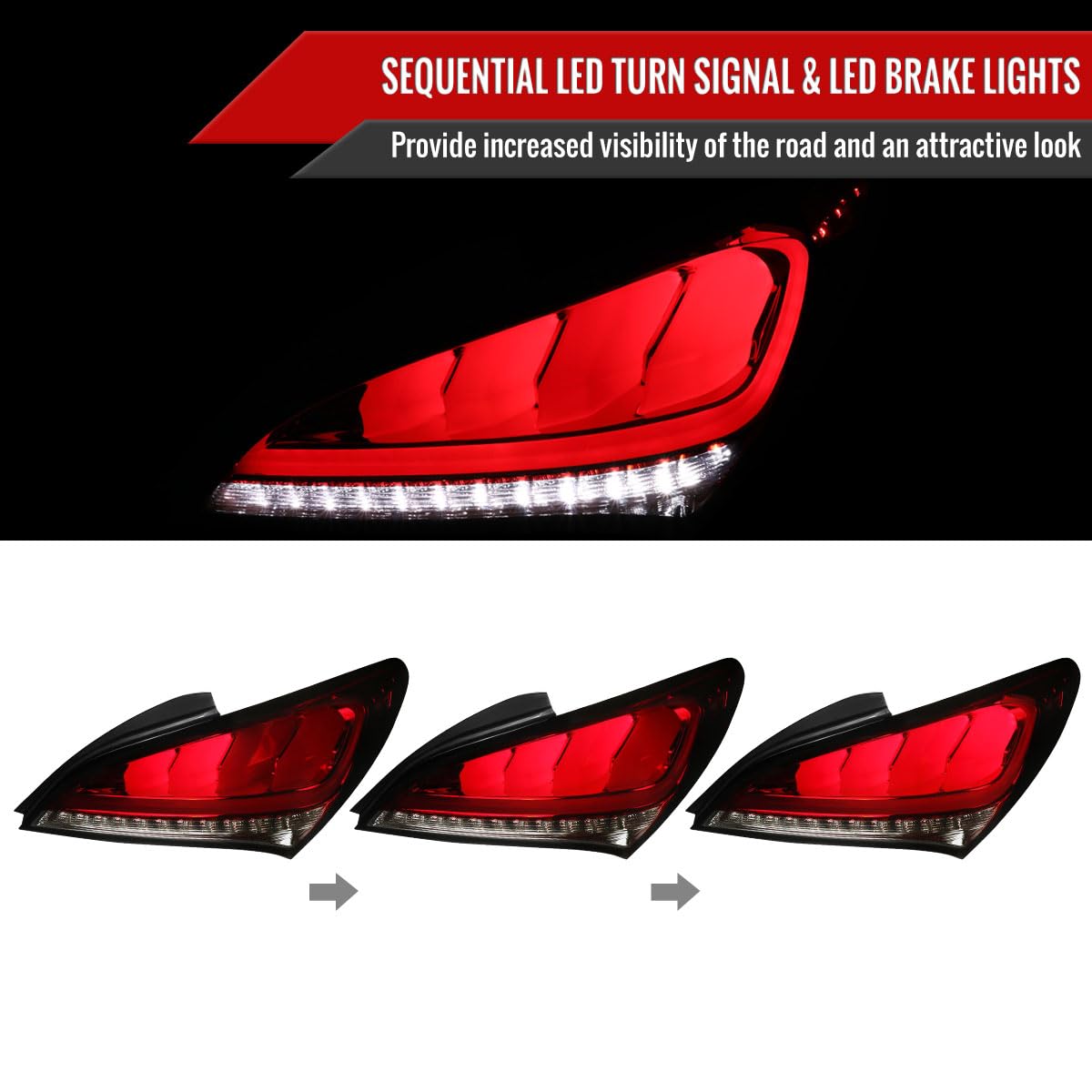 Genesis Coupe LED Tail Lights - Red Smoke Sequential Turn Signals & Brake Lights (Fits 2010-2016 Models) - Upgrade Your Ride with Enhanced Visibility & Style for Night Driving & Custom Car Shows