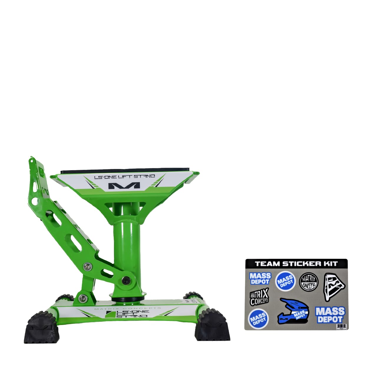 Matrix Concepts LS1 Lift Stand - Heavy Duty Carbon Steel Construction, 500 lbs Weight Capacity - Ideal for Dirt Bikes & Mini Riders - Includes Free Sticker Pack (Green) - Perfect for Garage Maintenance, Bike Storage & Off-Road Adventures
