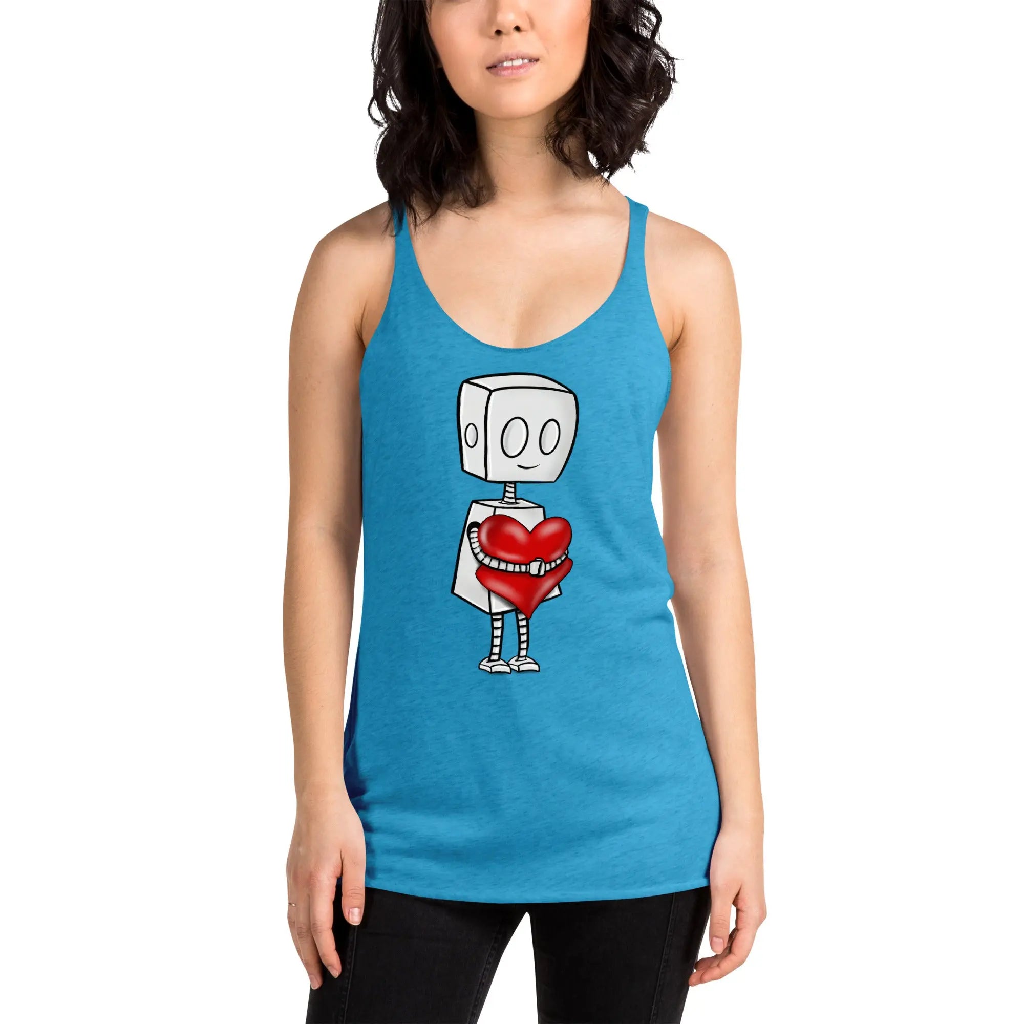 Adorable Robot Racerback Tank Top for Women - Cute Graphic Tee (Tender Heart Version) | Trendy Summer Casual Wear, Gym Outfit & Street Fashion