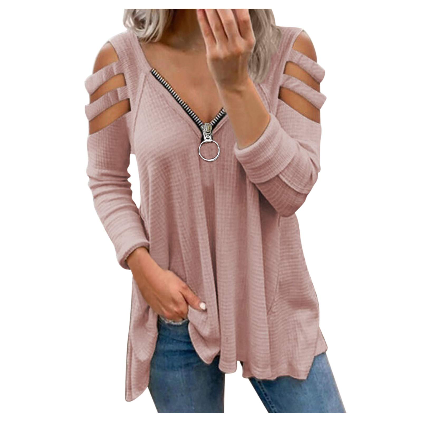 Qisemi Women's Summer Tops - Long Sleeve V-Neck Zipper Tunic Blouse with Cold Shoulder Design | Casual Solid Color Shirts for Outdoor, Office & Date Night