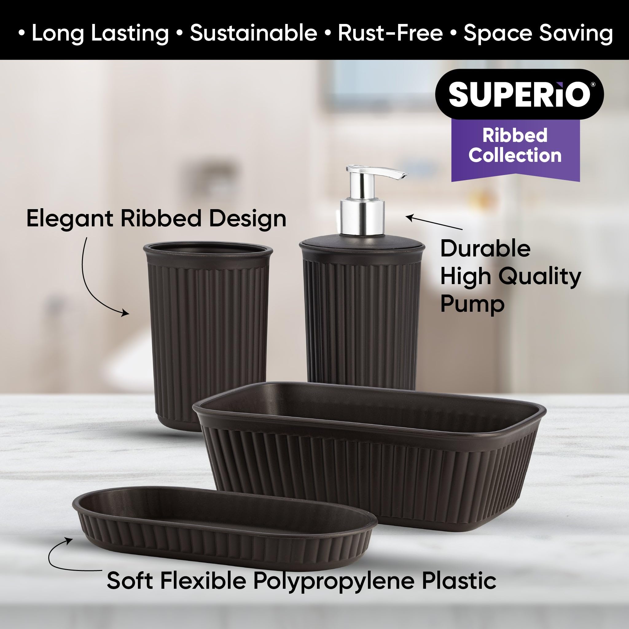 Premium Brown Ribbed Bathroom Accessories Set (4-Piece) - Soap Dish, Liquid Dispenser, Toothbrush Holder & Vanity Tray - Modern Countertop Decor for Home, Spa, Hotel & Guest Bathrooms - Perfect Housewarming Gift