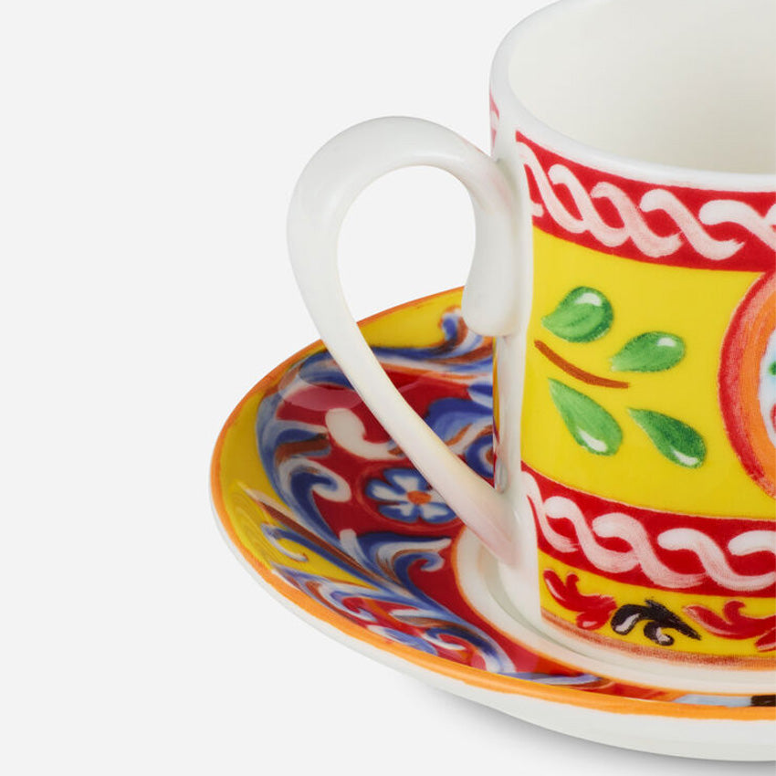 Dolce & Gabbana Casa Carretto Yellow Fine Porcelain Espresso Cup and Saucer Set - Italian Luxury Coffee Set for Home, Cafe & Gifts