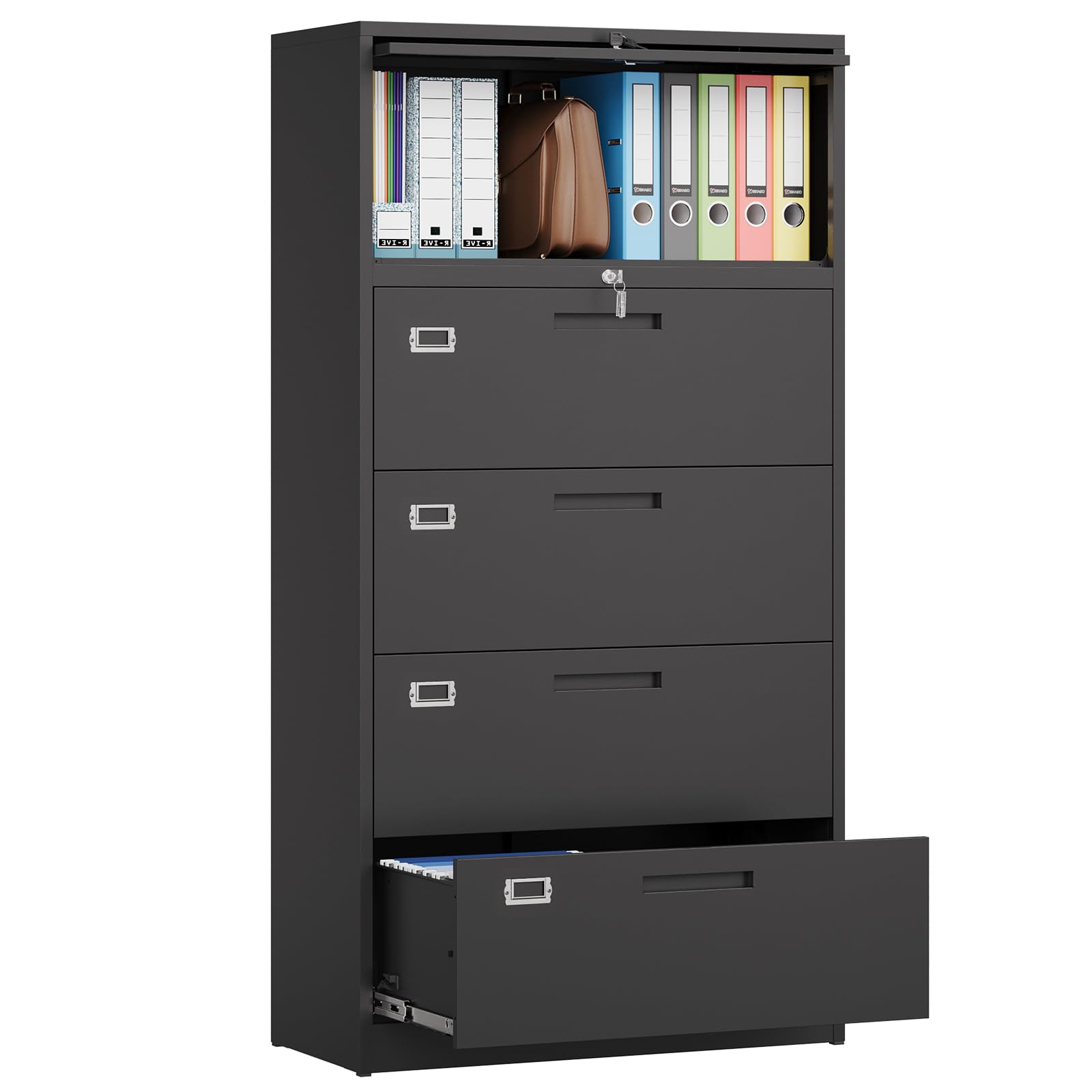 MIIIKO 4-Drawer Metal Lateral File Cabinet with Lock & Top Shelf - Secure Home Office Storage Organizer for Documents, Folders & Supplies | Perfect for Office, Study Room or Workspace Organization